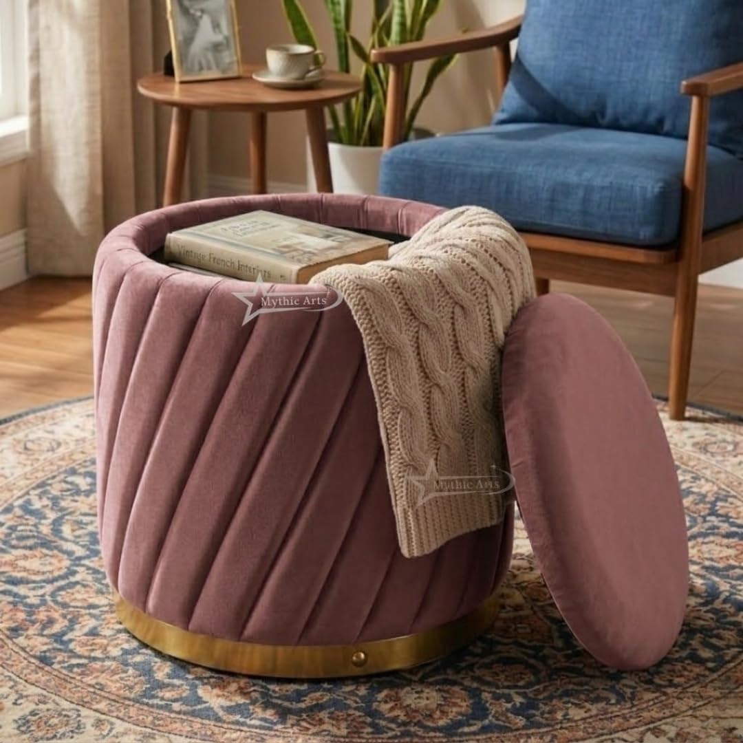 Mythic ArtsRound Upholstered Sitting Stool & Footrest Velvet Storage Ottoman Pouffe13 X 13X 16 inch | Versatile Puffy for Living Room, Bedroom, and Office ? Chic Home Furnishings & Dcor Pink-image-1