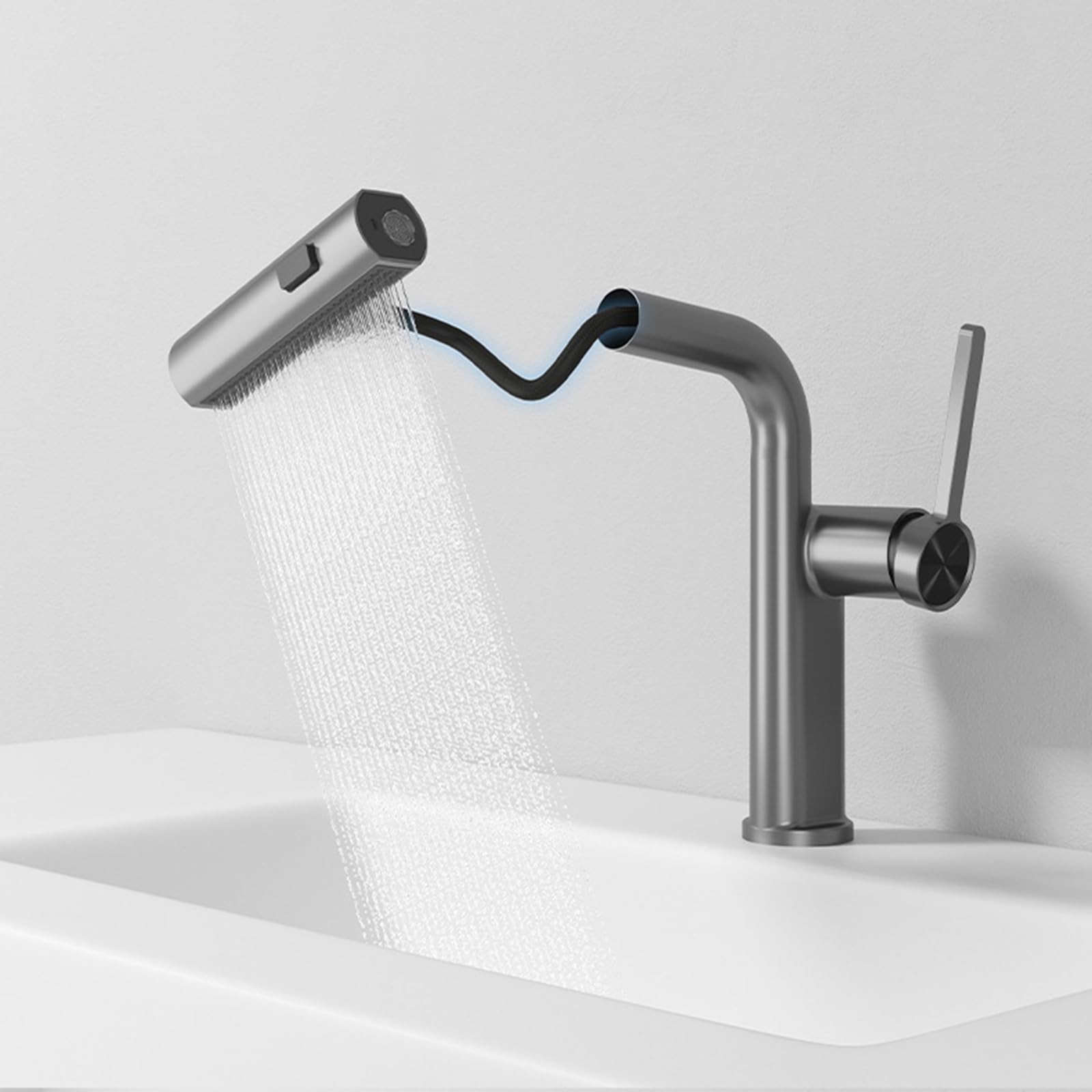 Generico Rubinetto da Bagno Rubinetto per Lavabo Cascata Estraibile Miscelatore per Lavabo A 2 modalità Miscelatore Monocomando per Lavabo Grigio Canna di Fucile