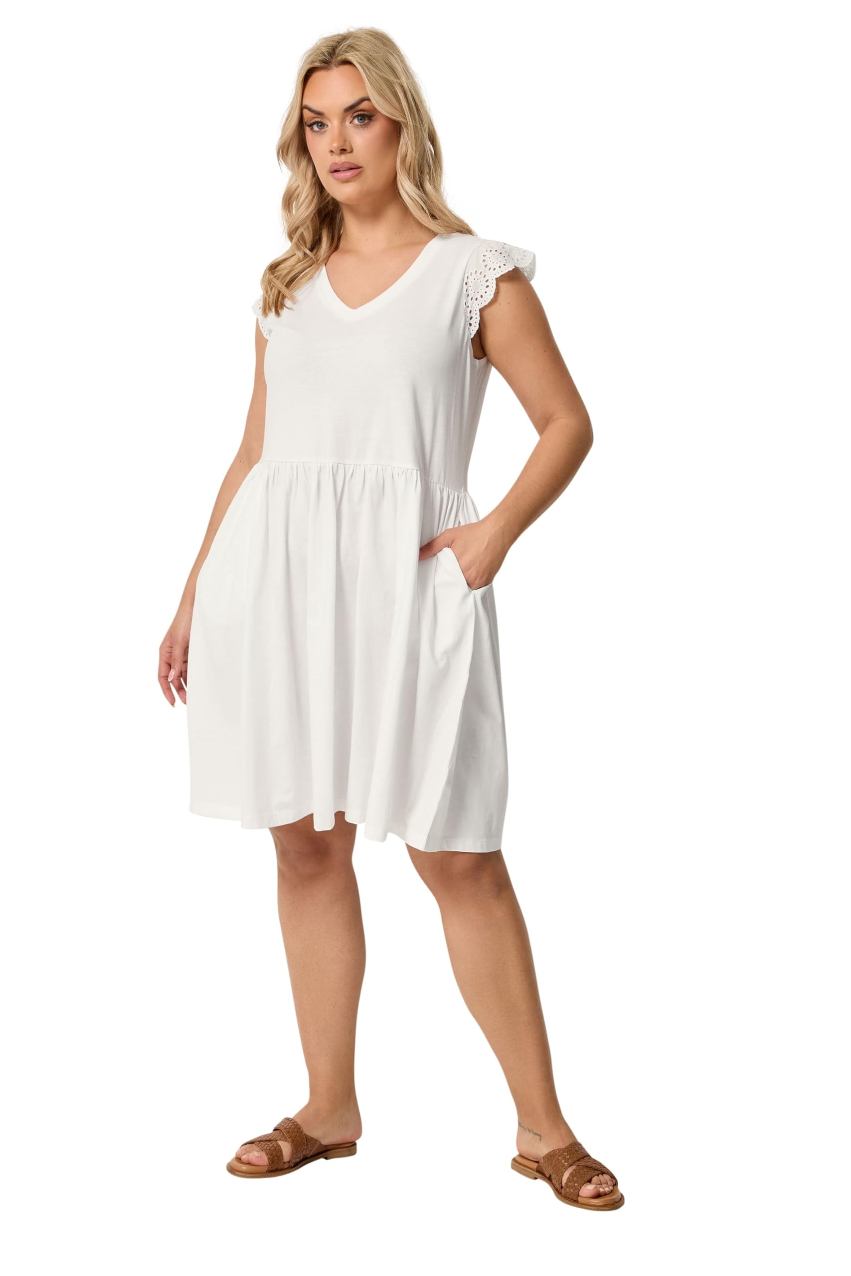 Yours Women's White Broderie Anglaise Peplum Dress In | Size: 22/24