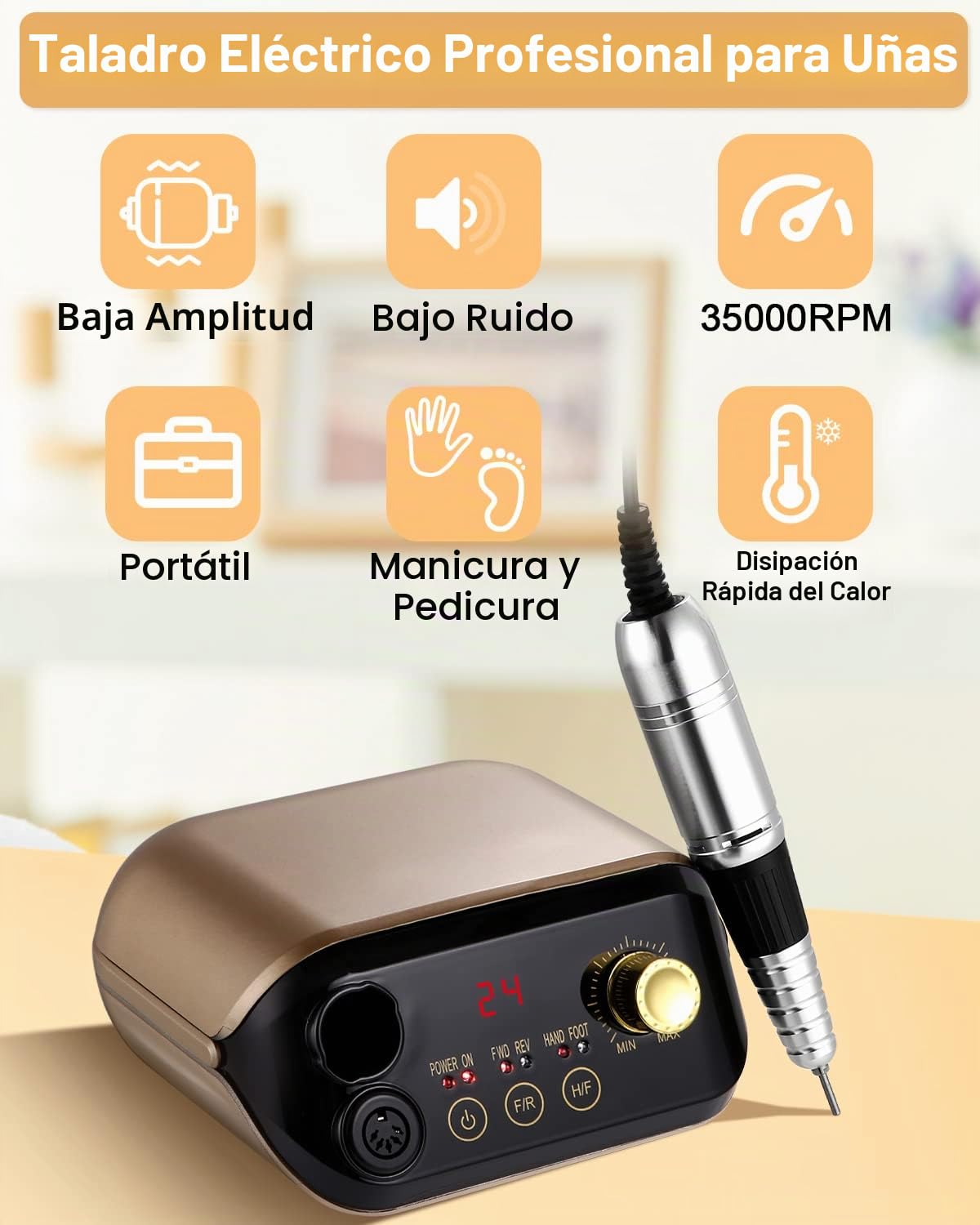 Fresa de uñas 35000 rpm, lima de uñas eléctrica para uñas de gel | manicura, pedicura, juego profesional con disco LED pedal y 6 puntas para el cuidado de uñas, salón de uñas y manicura DIY