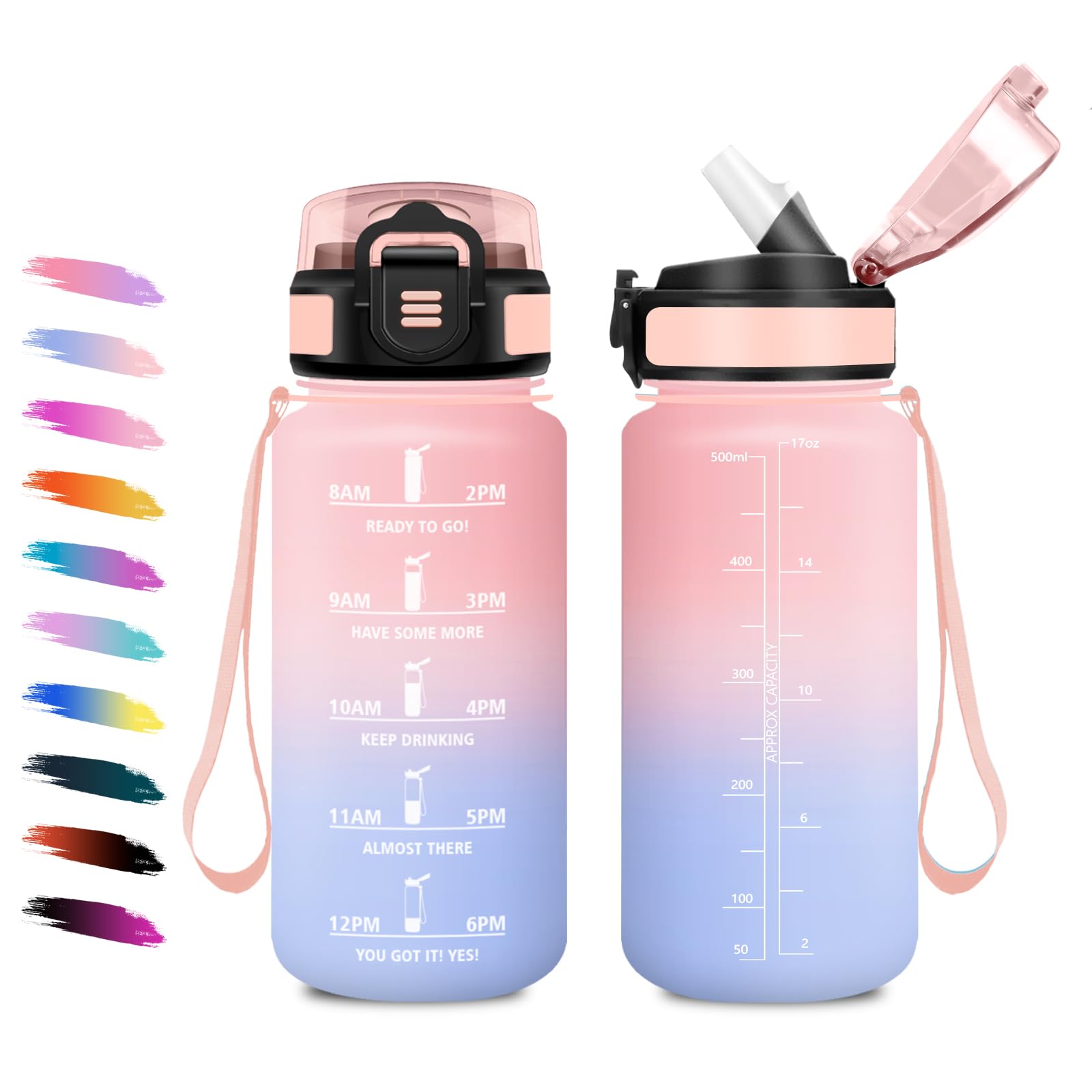 Borraccia 500ml, a Prova di Perdite, Bottiglia Bambina con Cannuccia, Bottiglia Acqua Sportiva con Indicatore del Tempo, Motivazionale Borraccia per Bambini, Campeggio, Scuola, Ufficio, Lavoro