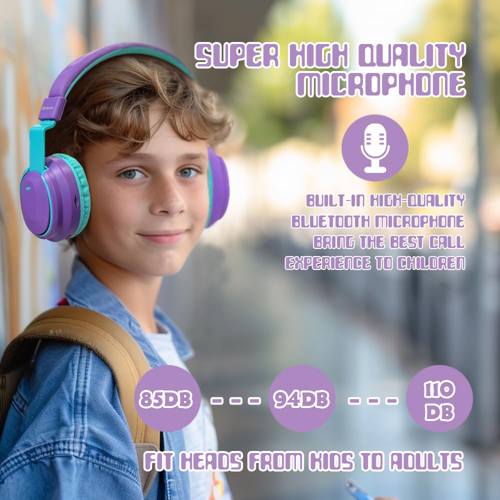 Mokata Casque Bluetooth sans fil pour enfants, volume limité, 85/110 dB, pliable, avec câble Shareport, câble auxiliaire 3,5 mm, microphone pour iPad, ordinateur portable, garçon, fille, voyage,