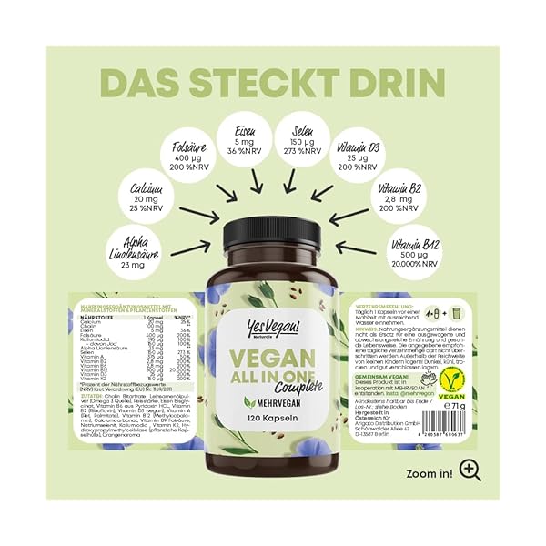 Vegan Multivitamin & Mineralien mit 14 Vitaminen u.a. B12, Jod, Eisen, Cholin (120 Kapseln hochdosiert) für Veganer… – Bild 5