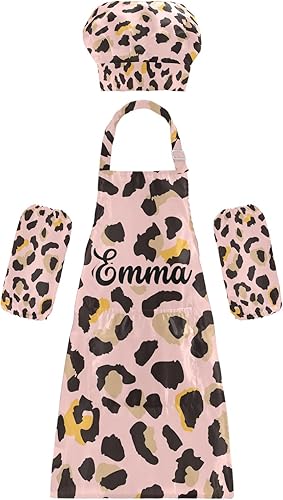 Delantal personalizado de piel de leopardo y sombrero de chef juego de 3 delantales de cocina personalizados para niños que cocinan