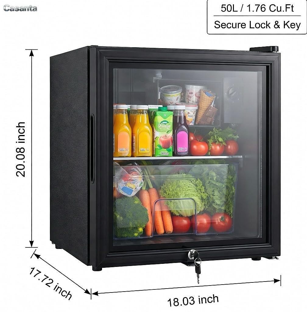 Casanta 50l Beverage Refrigerator With Glass Door And Lock, Freestanding Mini Drink Cooler With Soft Freezer Compartment For Beer, Wine, Soda, Office, Bar & Dorm - Black on Fridge.com - View 2