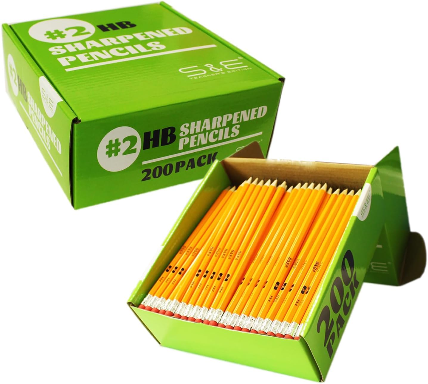 S & E TEACHER'S EDITION Woodcased #2 Pencils, Pre-sharpened, HB Lead Bulk Box, Pencils No. 2, Yellow, with Erasers, Back to school, 200 Pcs