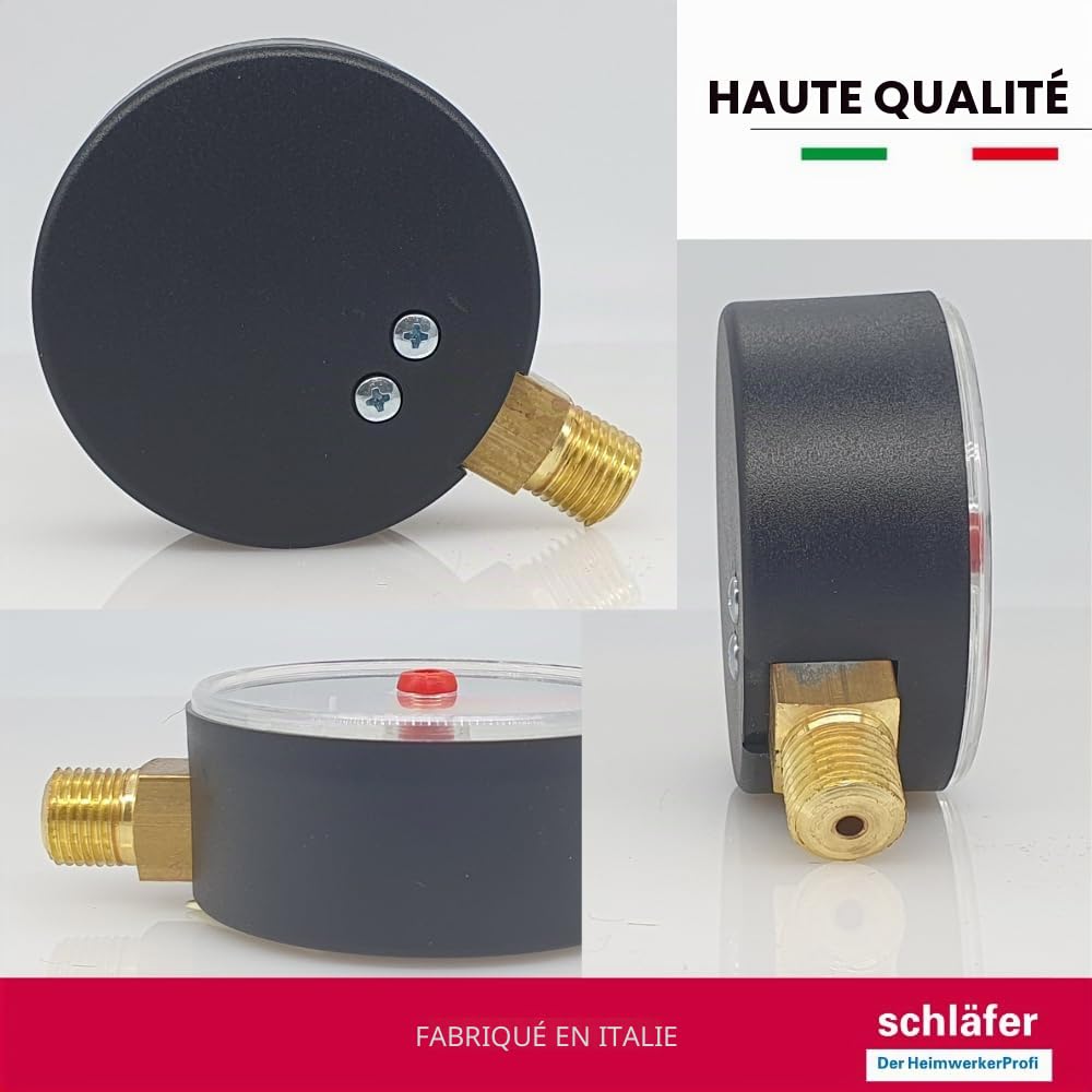 Schläfer 0930168 | Manomètre hydraulique vertical Ø 63 mm, raccord radial 1/4 ", échelle de mesure 0-10 bar, pour systèmes thermiques et contrôle de pression d'air et d'eau