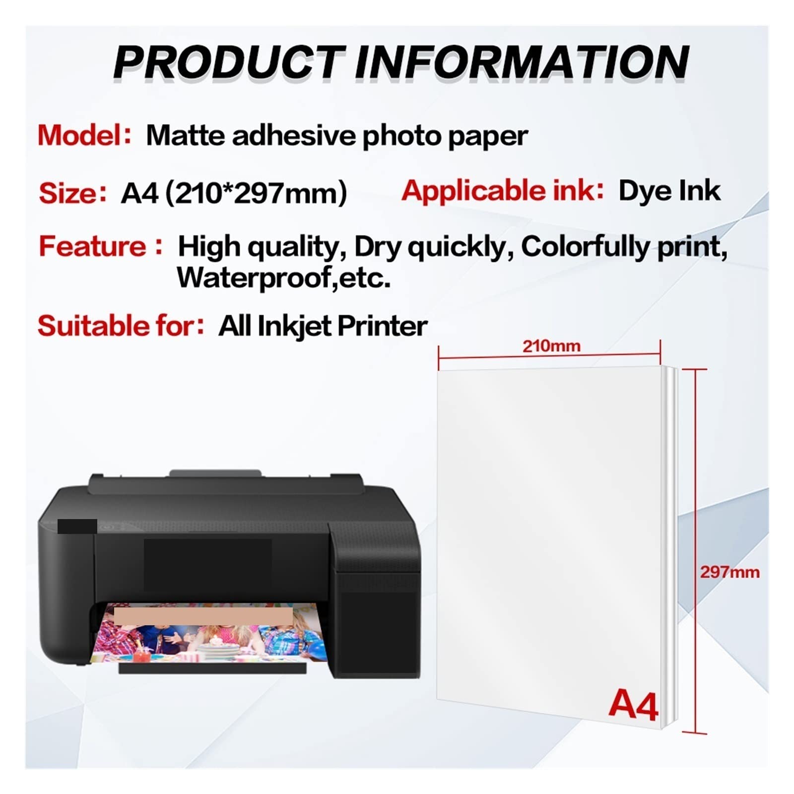 A4 20/40 Blatt selbstklebendes Fotopapier matt selbstklebend for alle Tintenstrahldrucker matt Druckerpapier Inkjet Sticker Fotopapier Lucky (Color : 40 Sheets)