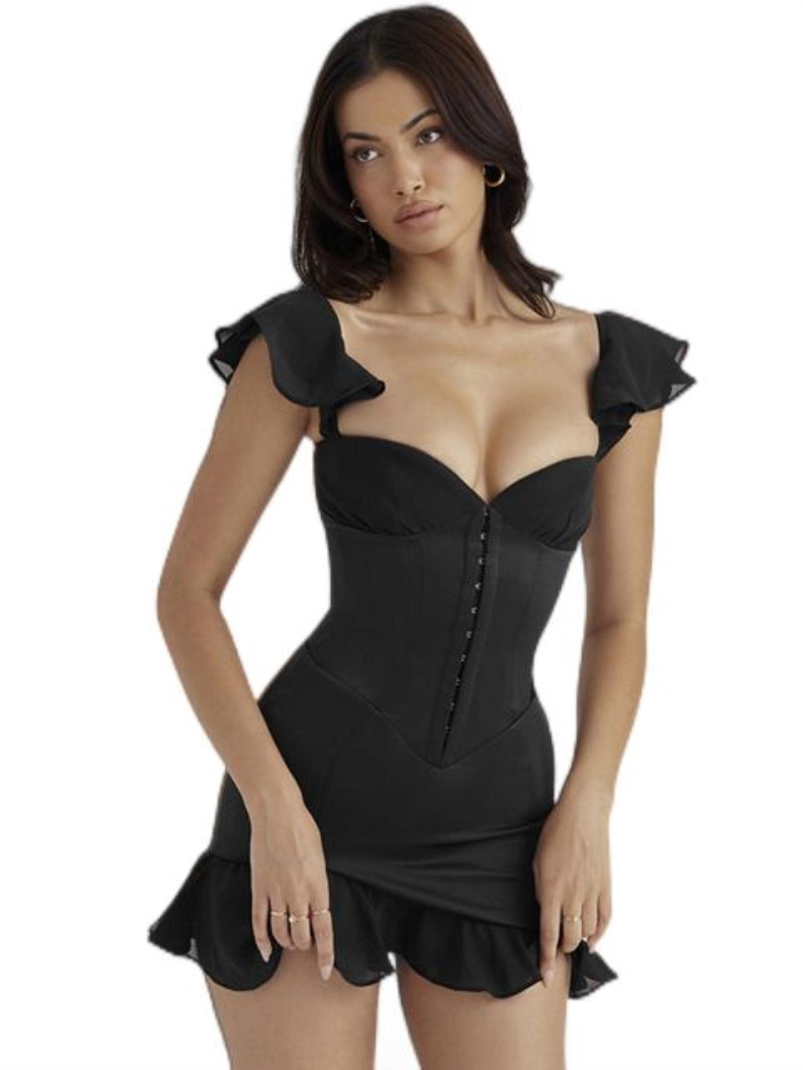 Wszjln Women's Black Sexy Off Shoulder Strapless Mini Dress Robe Sleeveless Backless Ruffle Bodycon Party Club Dress Vestido-,M