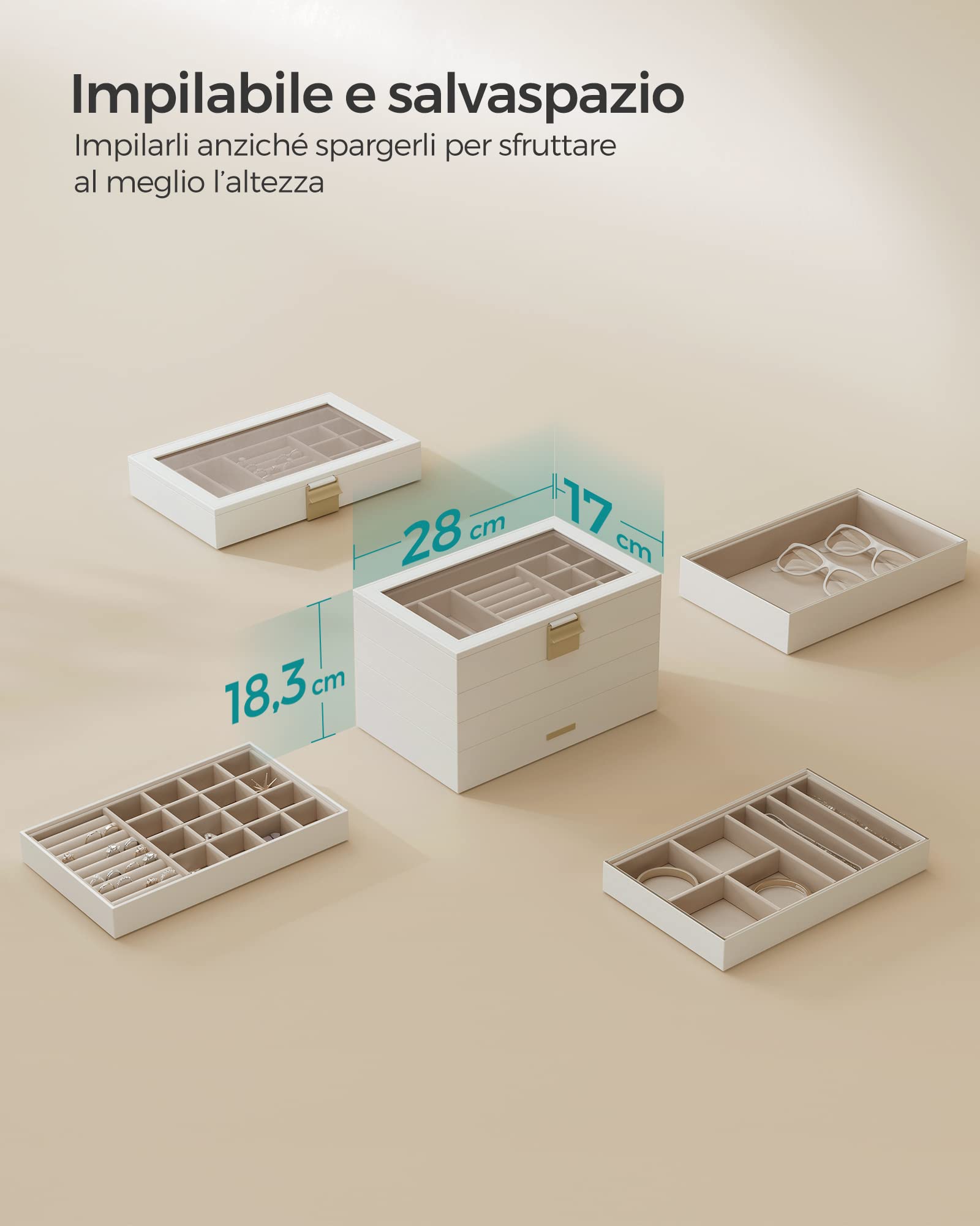 SONGMICS GISELLA Collezione - Scatola Portagioie con 4 Vassoi Impilabili, Porta Gioielli Capiente, Coperchio in Vetro, per Toeletta, Idea Regalo, Bianco Nuvola, 17 x 28 x 18,3 cm JBC164W01