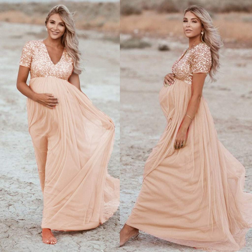 Robe Longue Femmes Enceintes Maternité Photographie Props Manches Courtes Robe Solide À Paillettes Maxi Robe de Plage Robe Grossesse Shooting Photo Soirée Ceremonie Mariage