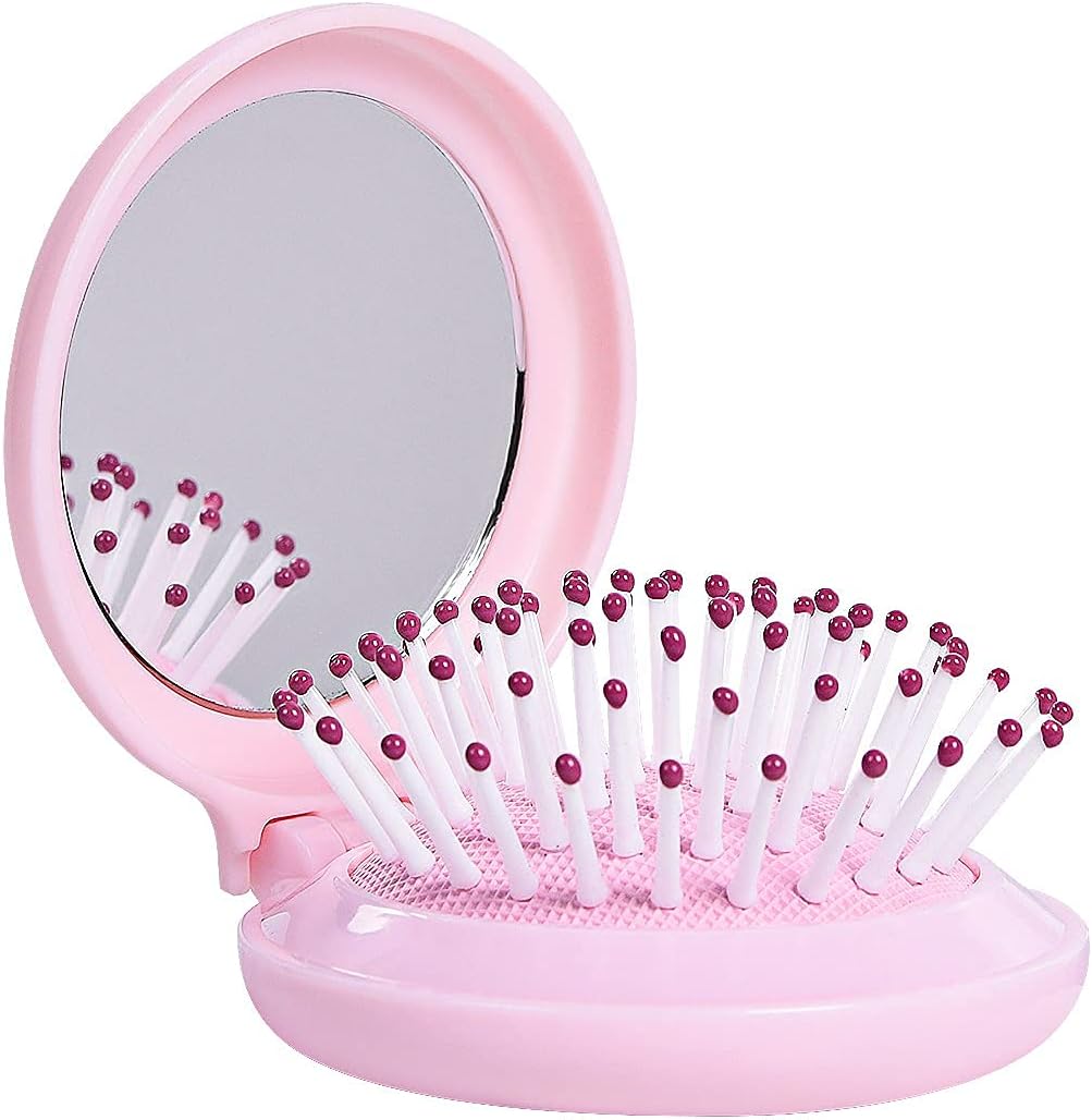 Mini Folding Hair Brush with Mirror, Compact Pop up Pocket Brush, Small Travel Size Flip Hair Brush for PurseBackpack,Pink