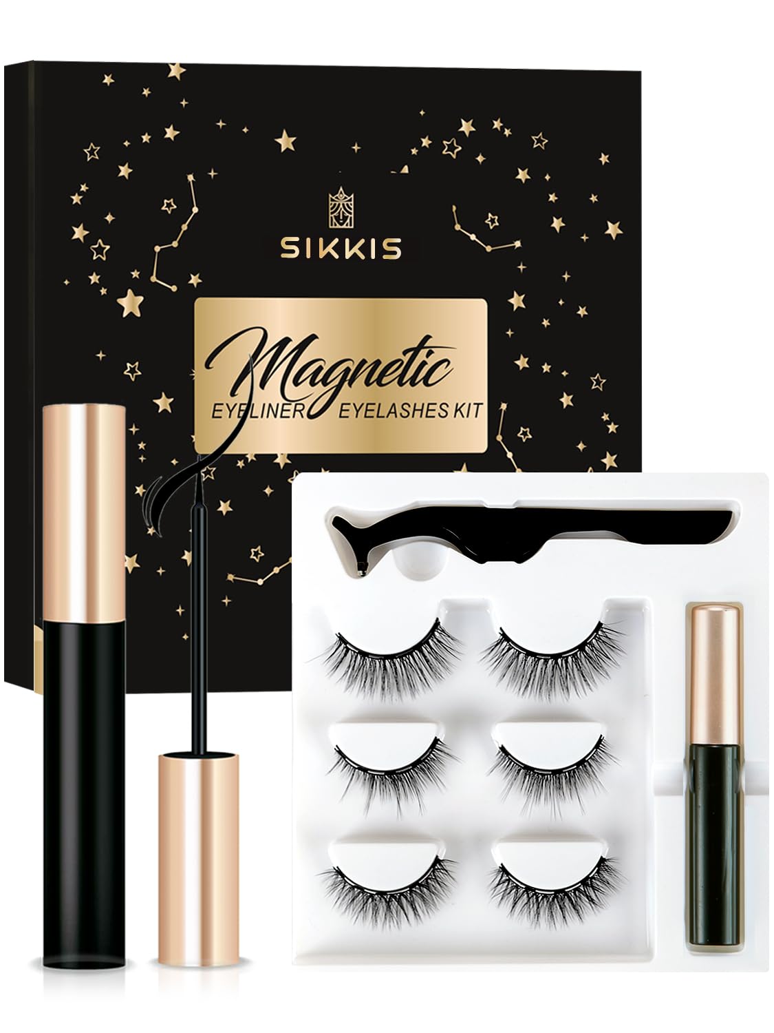 Sikkis Magnetic Eyelashes With Eyeliner - 3D Reusable Magnetic Eyelashes Kit With Applicator, False Eyelashes Natural Look - No Glue [3 Pairs]