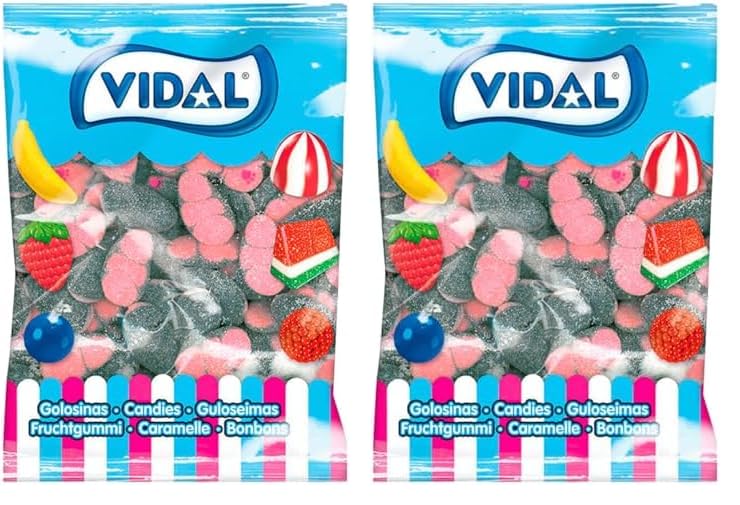 Vidal Golosinas. Mejillones picantes color negro y rosa. Bolsa de 250 unidades. (Paquete de 2)