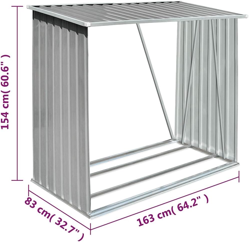 vidaXL Firewood Rack, Log Holder with Roof, Log Storage, Firewood Stand for Outdoor Backyard Garden Patio Porch, Gray Galvanized Steel 64.2"