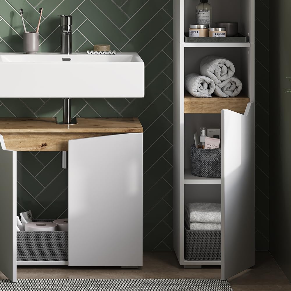 Vicco Armario de baño Marelle, Blanco/Artesano, 30 x 180 cm | con puertas y compartimentos abiertos, para guardar artículos de baño y toallas
