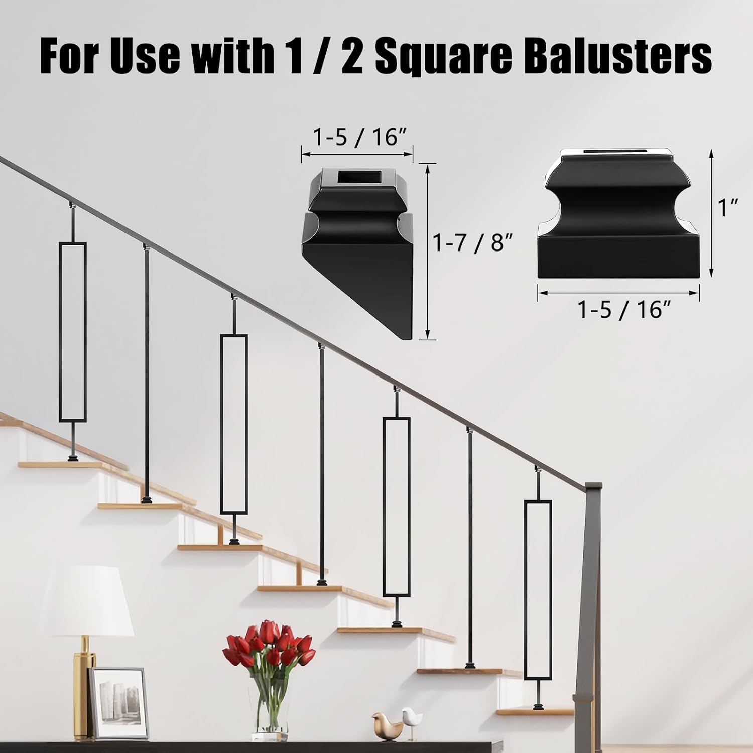 Deck Balusters, 10 Pack Wrought Iron Balusters, 1/2" Deck Railing Stair Metal Deck Spindles, Staircase Baluster W/ 20 Pack Iron Baluster Shoes (5 Straight +5 Single Rectangle)