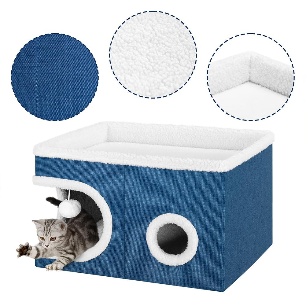 BAKAJI Cuccia per Gatti con Ingresso Tondo e Bordo in Lana, Casetta Rifugio per Animali Domestici, Tiragraffi in Poliestere Caldo e Imbottito, Cuccetta Graffiatoio Base Antiscivolo 58x42x33cm (Blu)