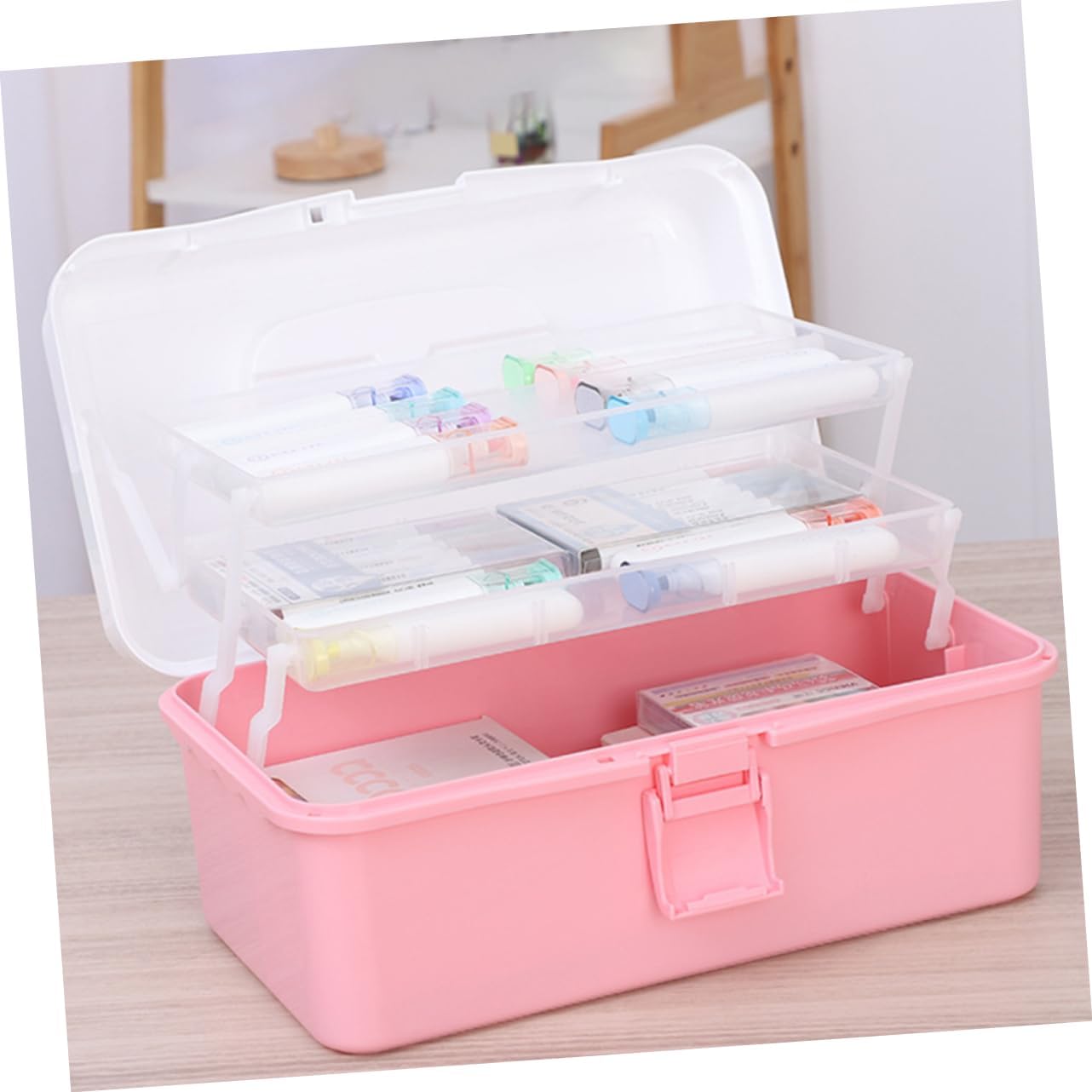 Portable Three-Layer Craft Tool Box Sturdy Art Supply Storage Organizer Handle for Home School and Travel