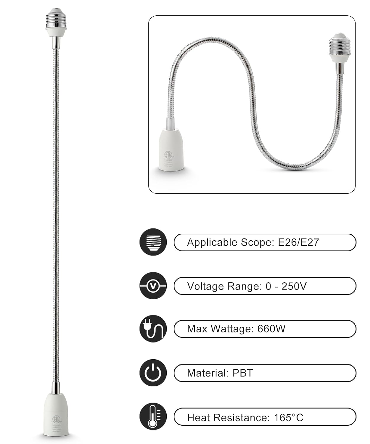 Light Socket Extender, 2 Ft - 60 CM Flexible Extension Socket Adapter, E26 to E26 Light Socket Extension, 360° Bendable Adjustable, Standard Medium Threaded Base, ETL Listed, 1 Pack
