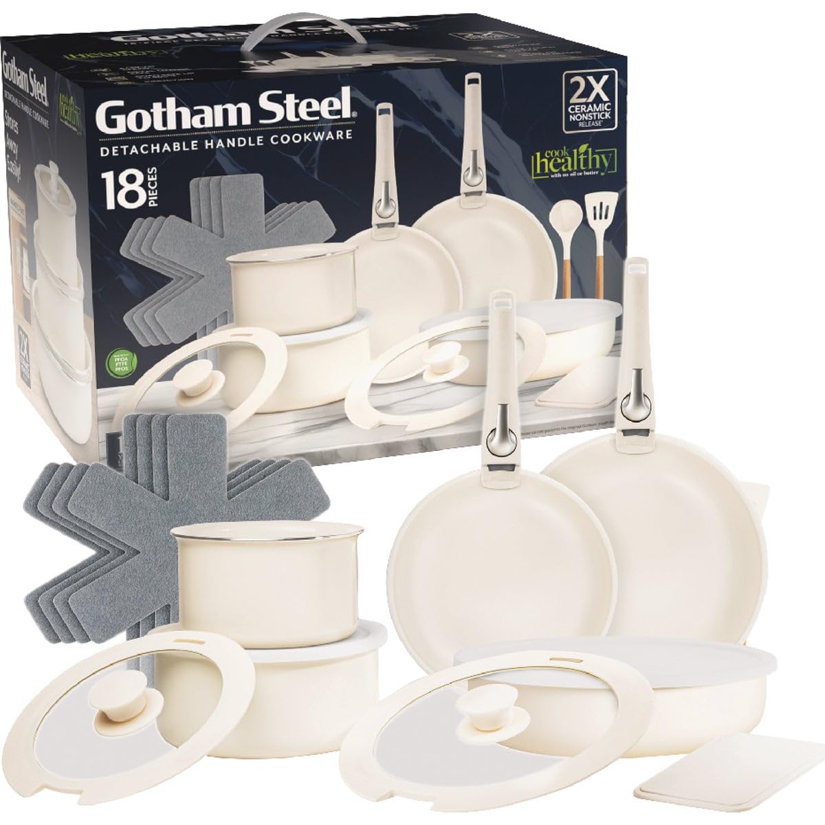 Gotham Steel 18 Pc Removeable Handle Pots and Pans Set Non Stick, Kitchen Cookware Sets, Ceramic Cookware Set, Non Toxic Cookware Set, Non Stick Pots and Pan Set, Dishwasher Safe - Cream