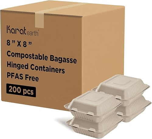 KARAT EARTH KE-BHC88N-1CFF - Contenedores compostables con bisagras de bagazo sin PFAS de 8 x 8 pulgadas, 200 unidades