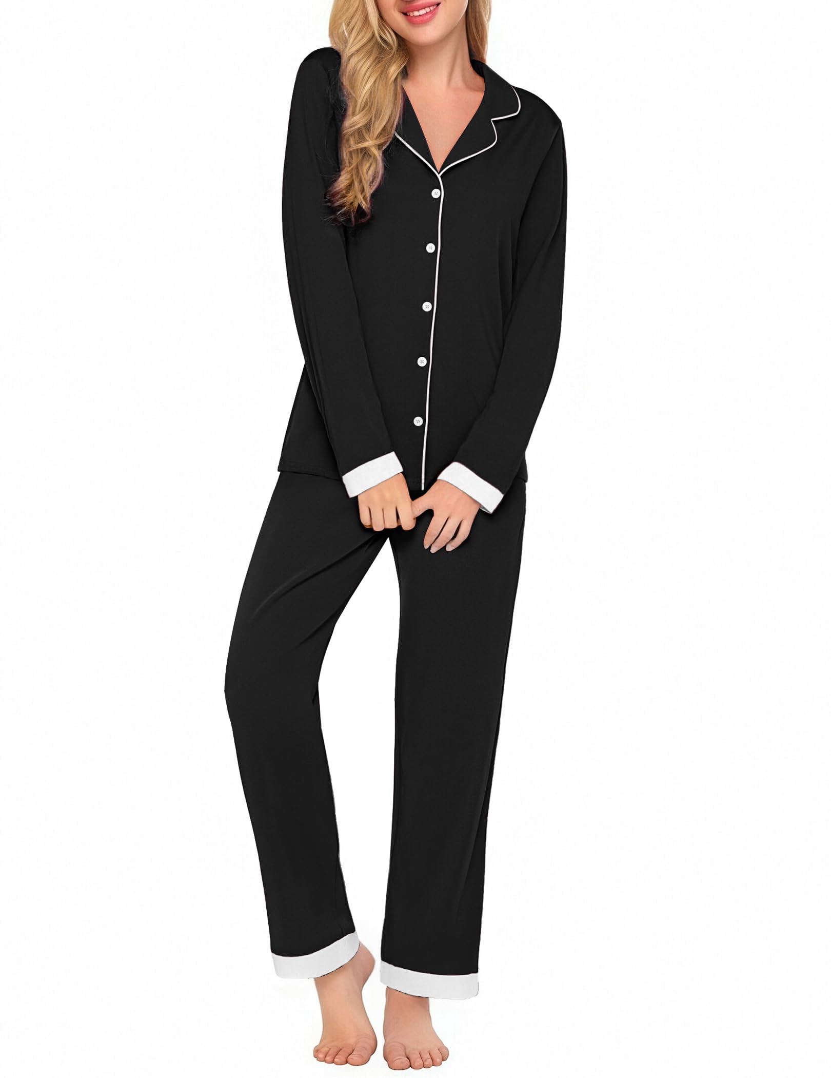 Ekouaer Pajamas for Women Set Long Sleeve Loungewear Soft Button Down Lounge Sets with Pockets Nightwear S-XXL