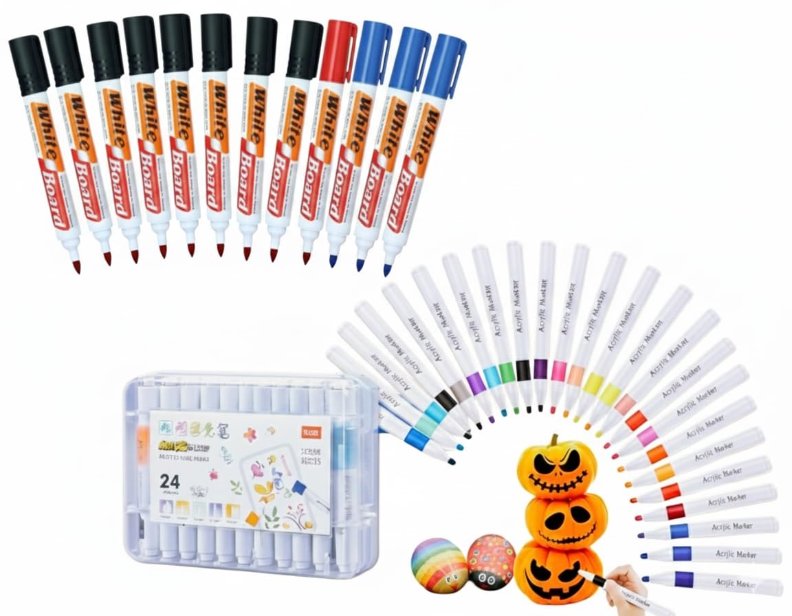 Corslet Dry Erase Whiteboard Markers Set (12 Pcs Fine Tip Black Blue Red) and 24 Colours Acrylic Paint Markers Set for Art, DIY, Glass, Wood, Canvas & Craft Projects
