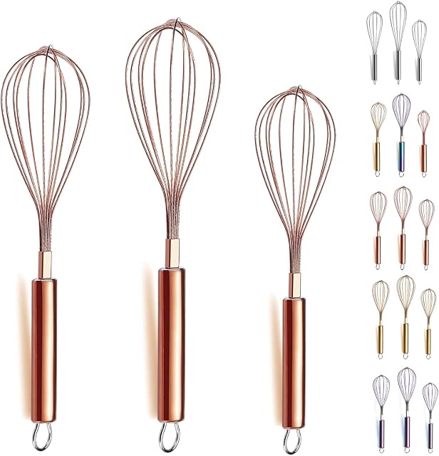 Rose Gold Whisk,Kyraton Stainless Steel Whisk 8", 10", 12" 3 Pieces,Titanium Plated Rose Gold WhiskSuitable for The Kitchen,Used for Cooking,Stirring and Beating.(3 Packs)