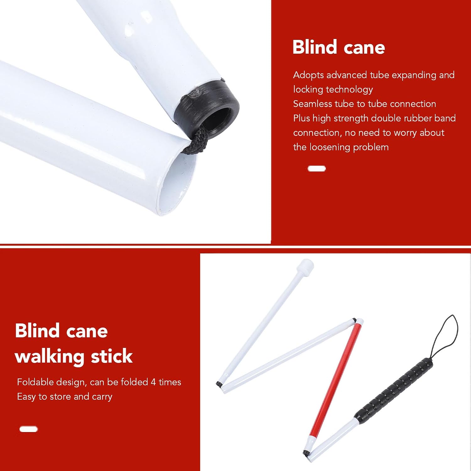 Collapsible Blind Cane,4-Fold Aluminum Alloy White Cane for the Blind with Red Reflective Tape, Anti Slip Black Handle Mobility Cane for Visually Impaired People,50.8in