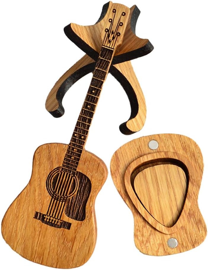 Wooden Guitar Pick Holder Case with Stand, 3 Plectrums, Gift for Guitar Players