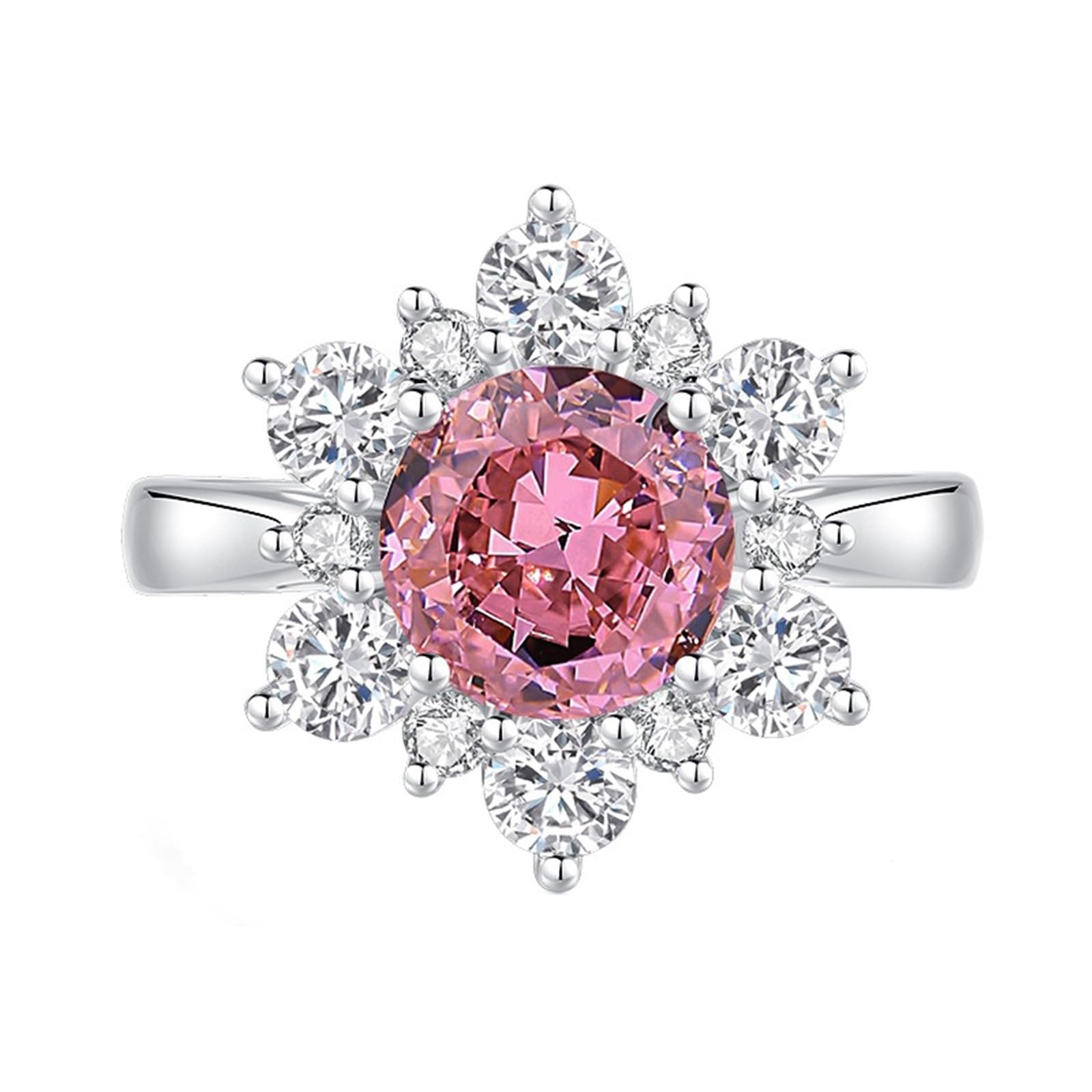 Anelli Nuziali, Oro Bianco/Platino 950 9K/14K/18K Anello con Fiore e Zaffiro Padparadscha Rotondo da 2 carati Creato in Laboratorio con moissanite