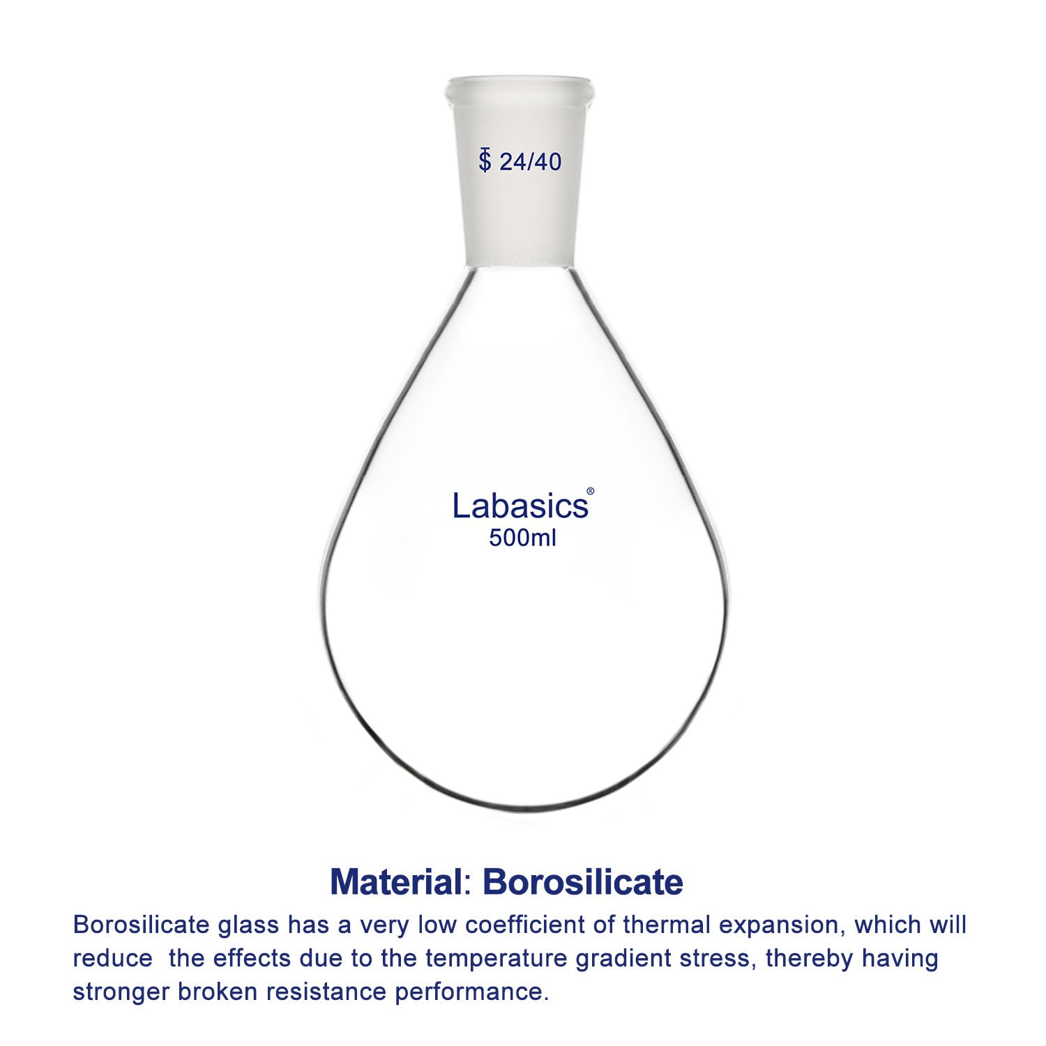 Labasics Pallone di Recupero a collo Singolo in Vetro Borosilicato Pallone per Evaporazione Rotante, con Giunto Esterno 24/40, 500 ml