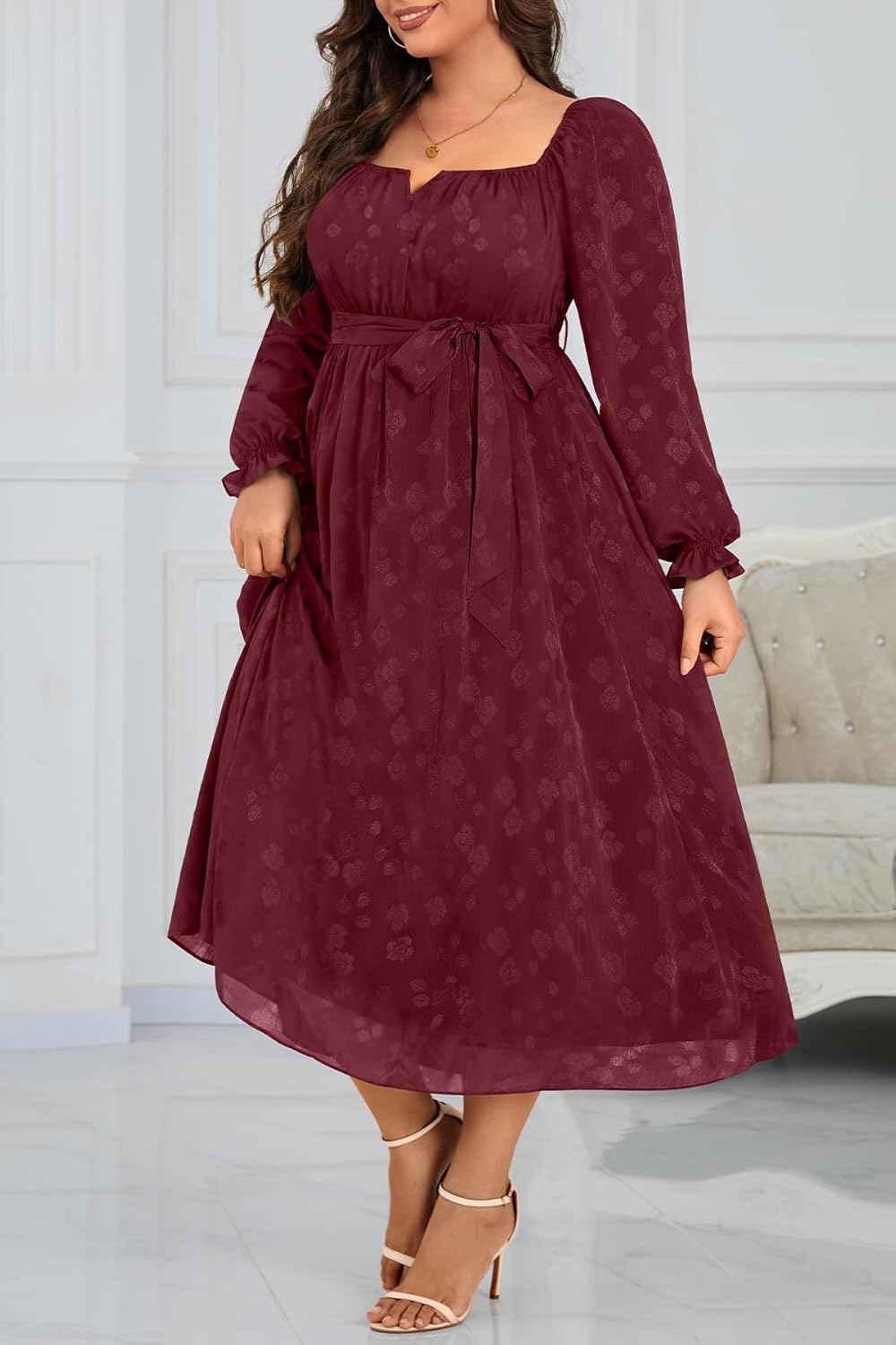 Women's Plus Size Fall Dress - Wedding Guest Long Sleeve Midi Semi Formal Square Neck Flowy Dresses - Image 3