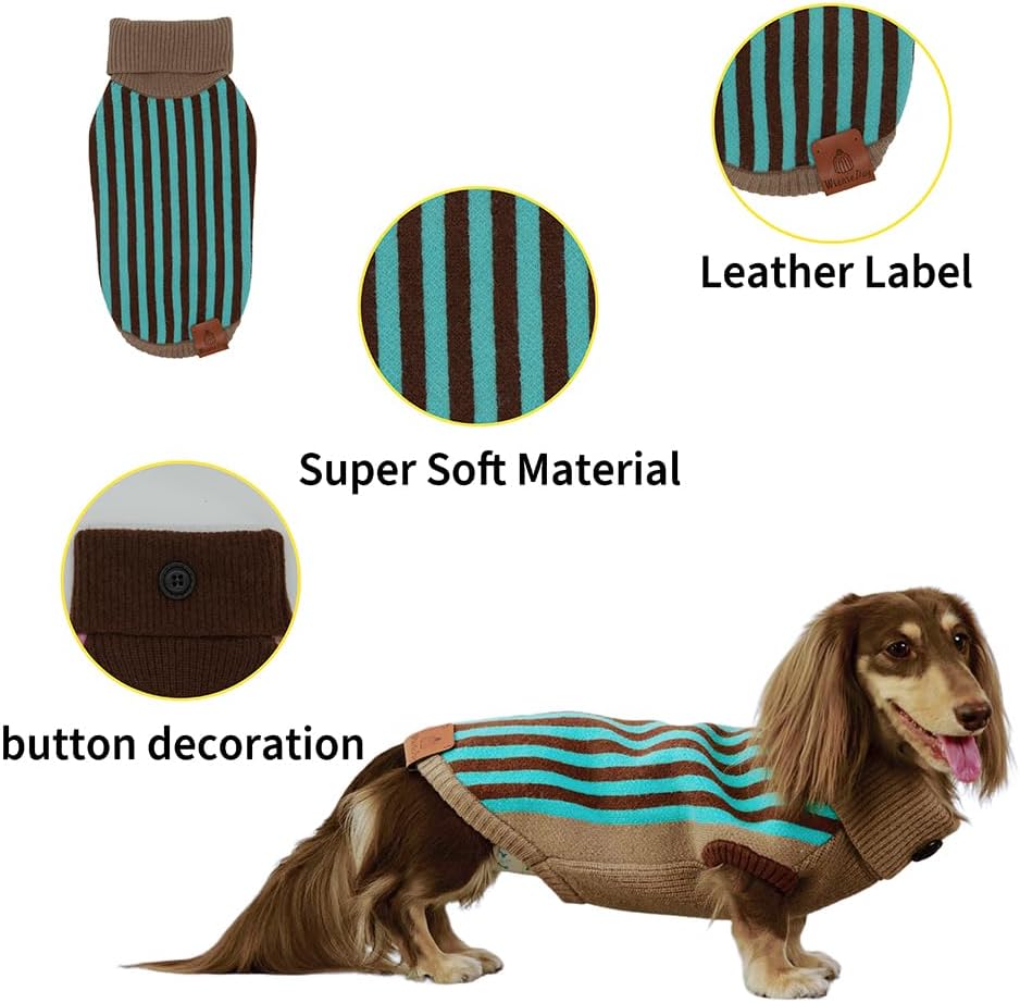 Cozy Striped Turtleneck Sweater for Dachshunds and Small Dogs, Knitted Stretchy Pullover for Medium Dogs (Blue&Brown, Medium (12-16 lbs))