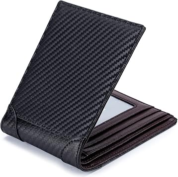 Short Purse Men Travel Business Clutch Bag Carbon Fiber Cow Split Leather RFID Blocking Bifold Wallet Ultra-Thin Simple Card Holder, Coffee, Small, Modern