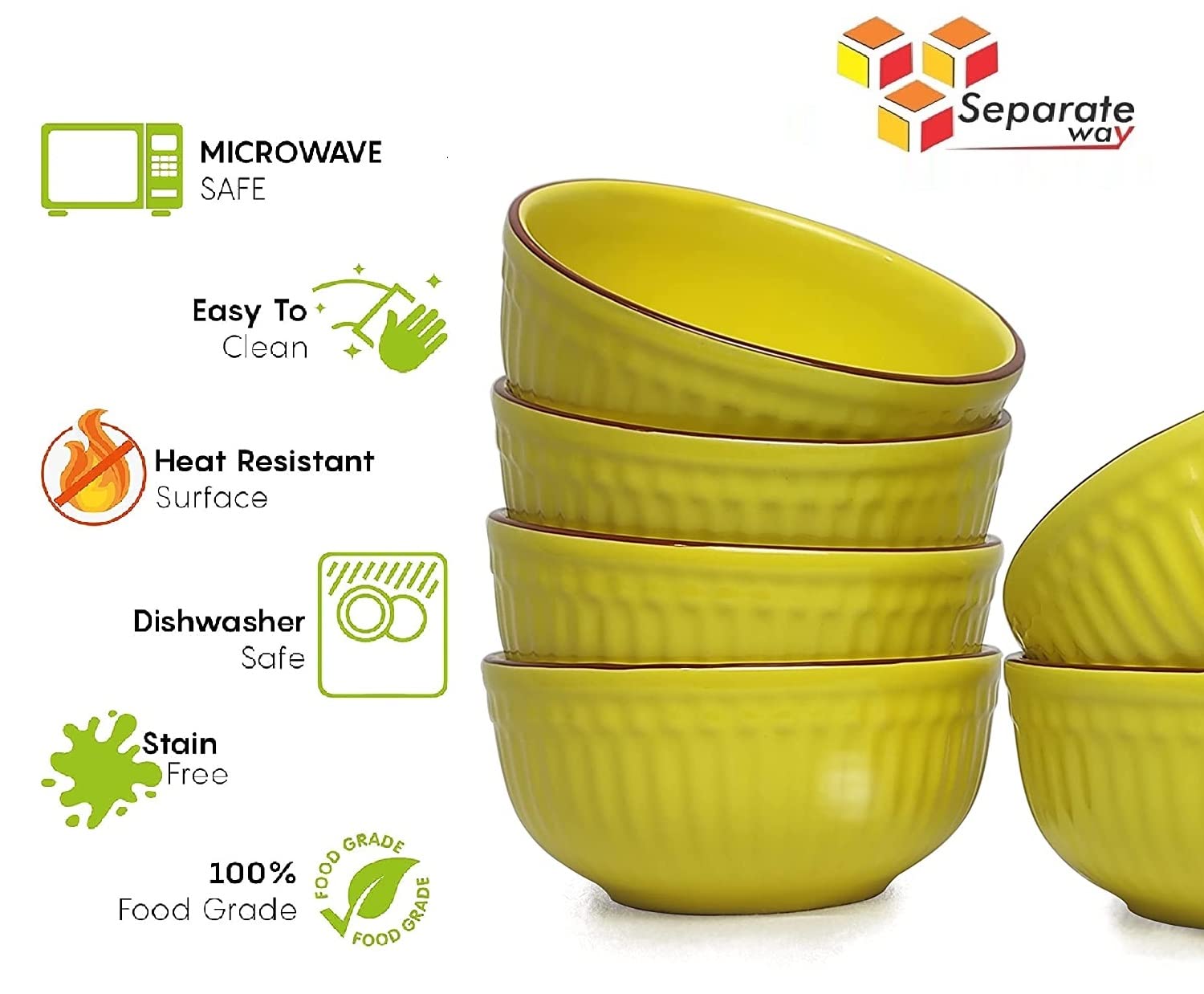 SEPARATE WAY Ceramic Soup Bowls, Cereal Bowl, Dishwasher & Microwave Safe/Serving Bowls for Kitchen, Ideal for Self Use Or Gift for Friends, Anniversary, Birthday (Yellow, Set of 6) 2