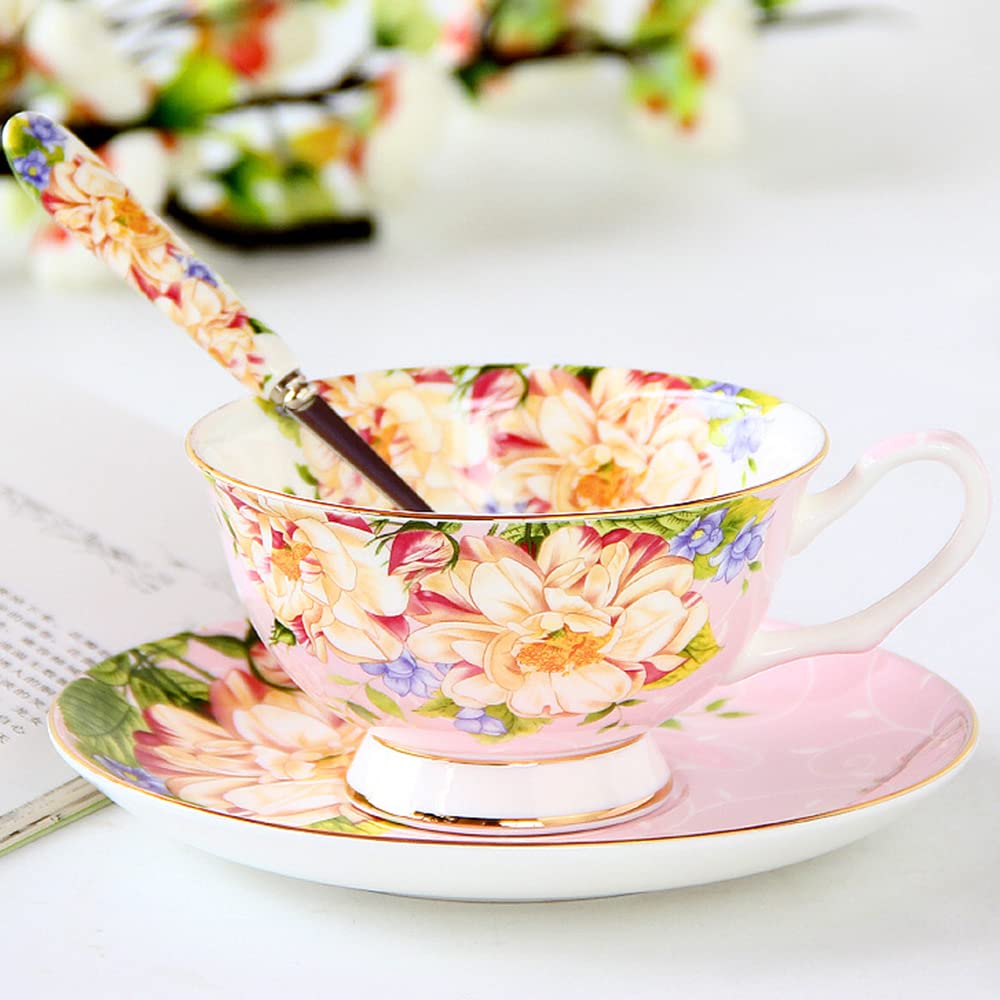 ONEUSTAR Tea Cup and Saucer Set for 1 Bone China Coffee Cup 7 oz Vintage Floral English Teacup for Women Tea Party Birthday Mother's Day Gift, Pink