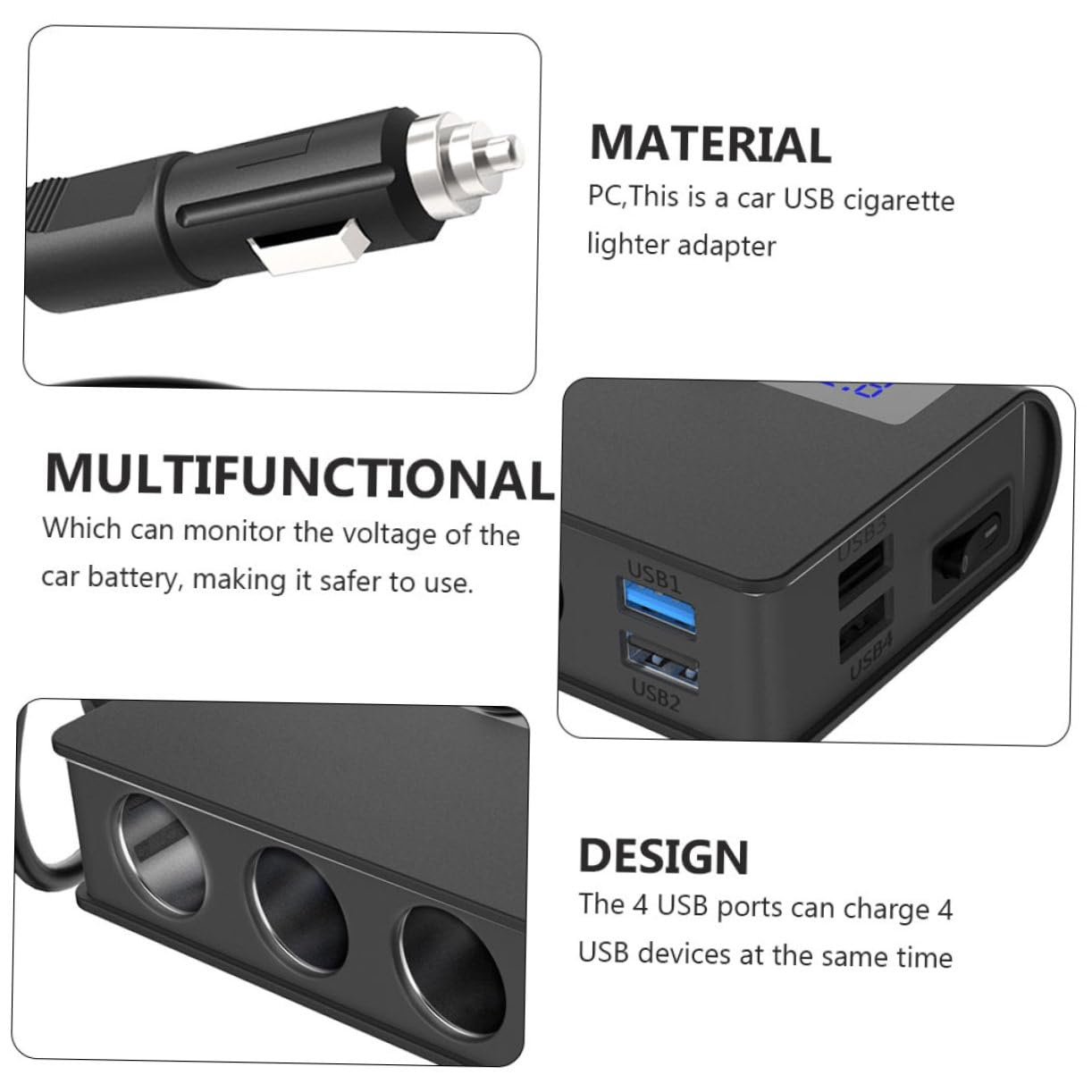 Angoily Caricabatterie Auto e Adattatore Accendisigari 180w Max, 4 Porte Usb, Monitoraggio Tensione Batteria, Nero, per Auto e Telefoni