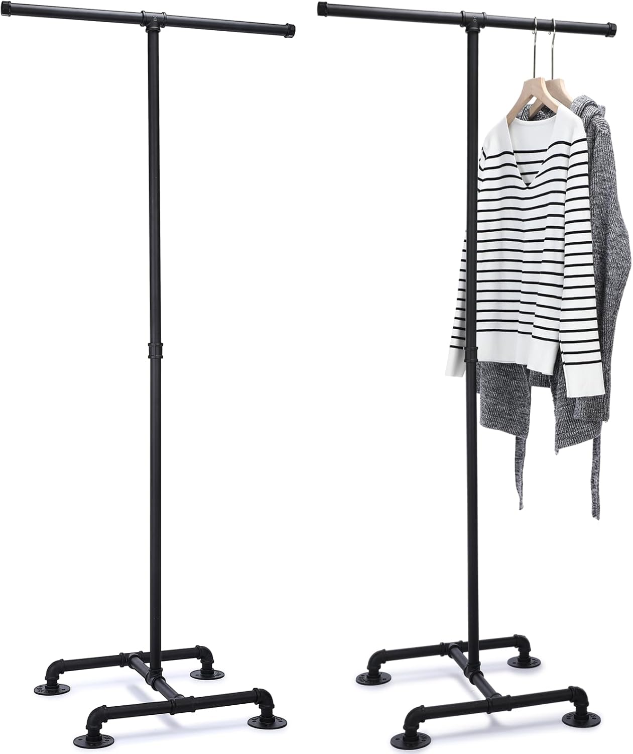 Cunno 2 Way Rack 62'' Height Industrial Pipe Clothing Rack Adjustable Boutique Clothing Stand Heavy Duty with 2 Straight Arms 4 Wheels for Garment Coat Retail Vendor Display Hanging (No Wheels)