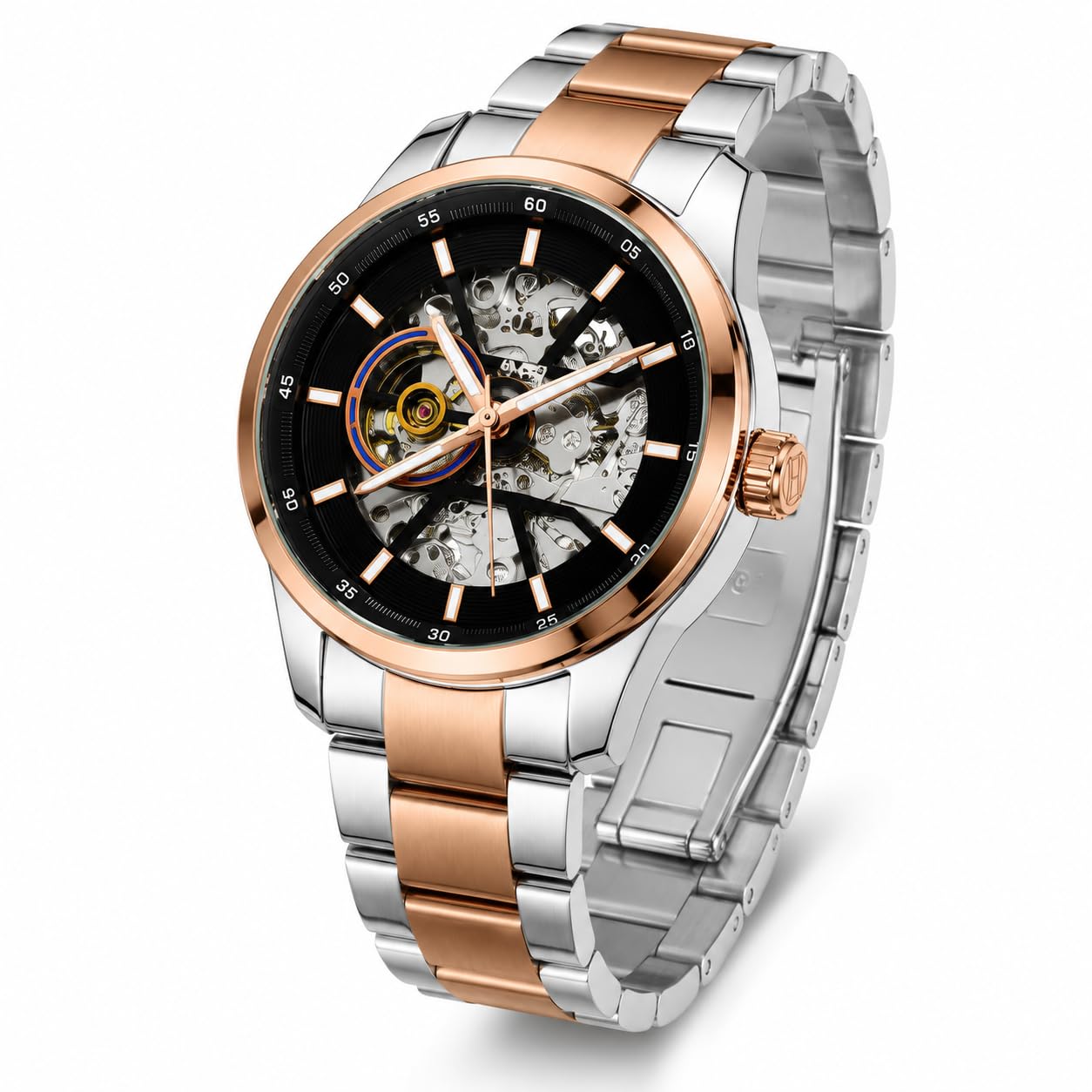 Automatic Skeleton Watch for Men, Gold Silver Stainless Steel Analog Mechanical Wrist Watch with Open Heart Dial, Luxury Timepiece, Premium Metal Strap, Business Casual Gift-image-10