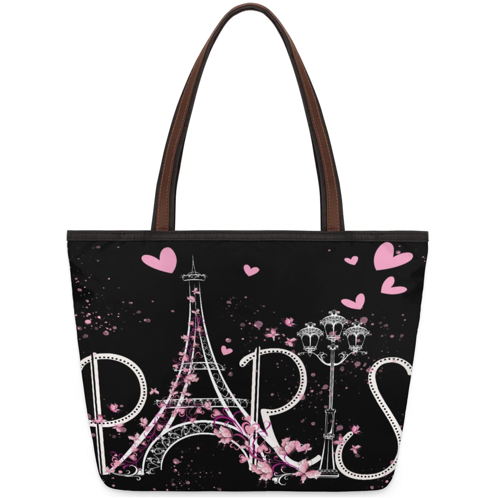 Paris Tower Love Flowers Tote Bag Multi Pocket Zippered Beach Bag Lightweight Waterproof Handbag for Women Men Work Gym Travel Swimming Yoga Grocery Shopping M