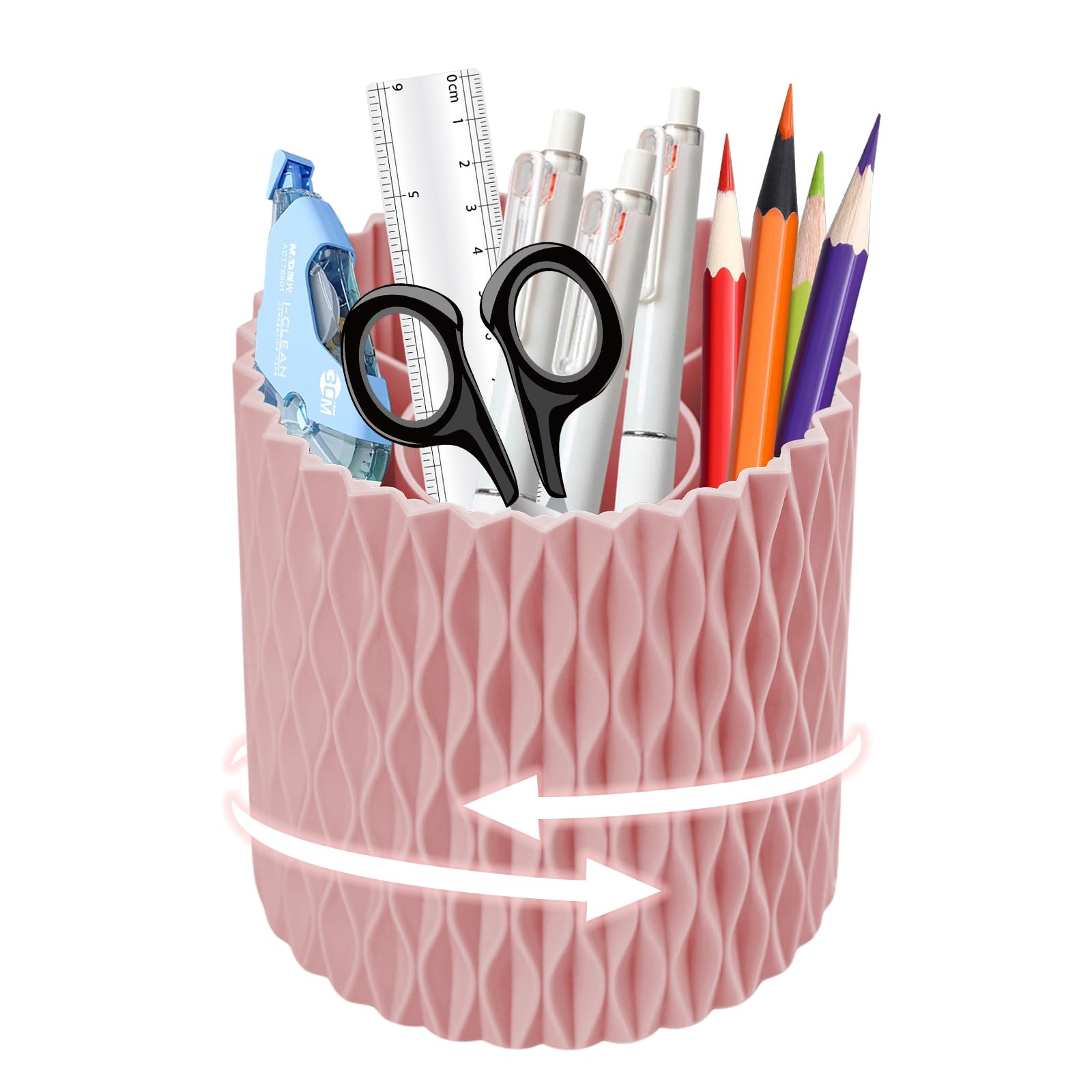 MYHOGOOD Desk Organisers Pen Holder 360° Rotating Makeup Organiser Stationary Desk Organisers with 5 Compartments Pen Pot for Home Office School Classroom (Pink)