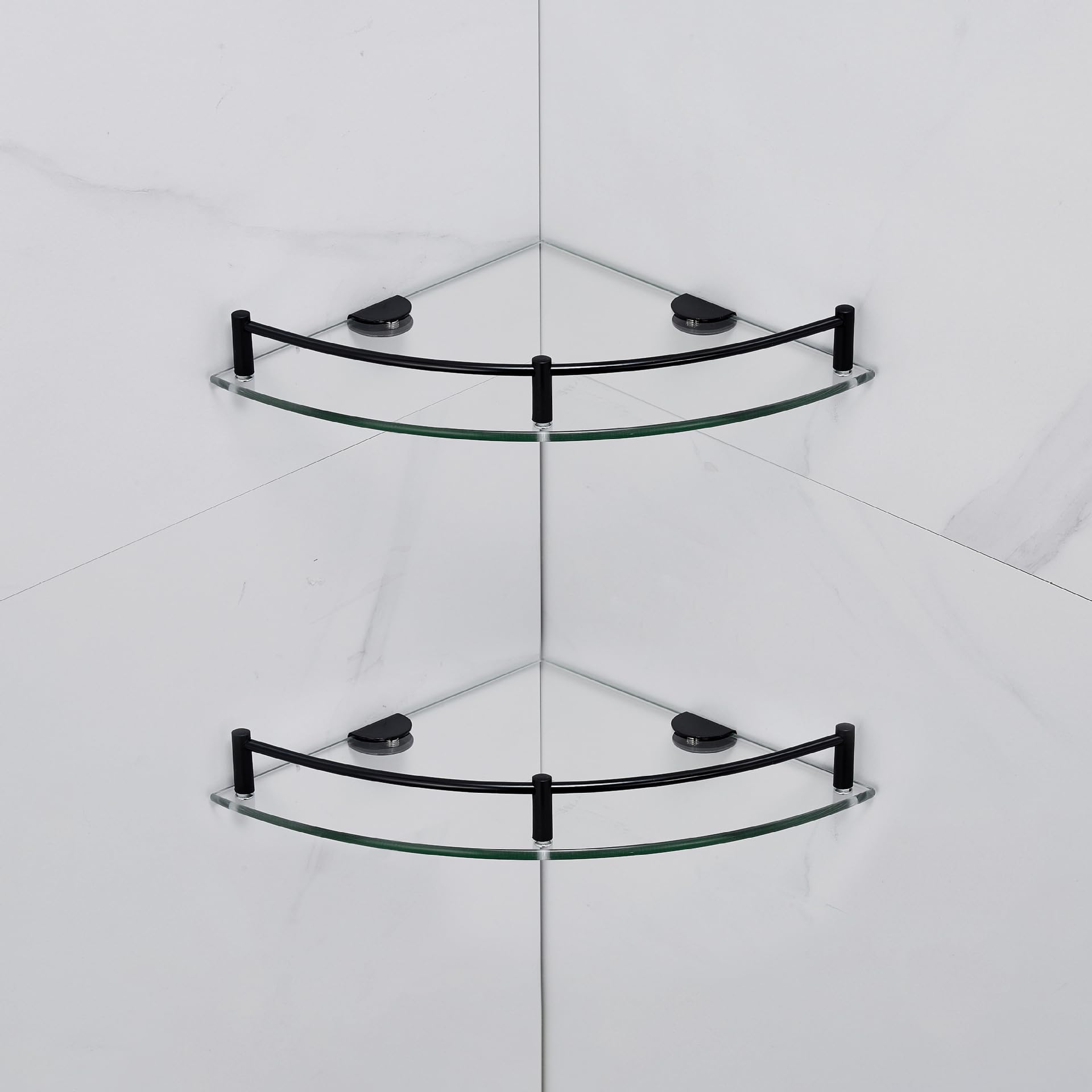 YorkHoMo Glass Shelf Bathroom Floating Shower Corner Shelves Shampoo Holder with Rail Wall Esquinero para Baño for Inside Shower 2 Pack