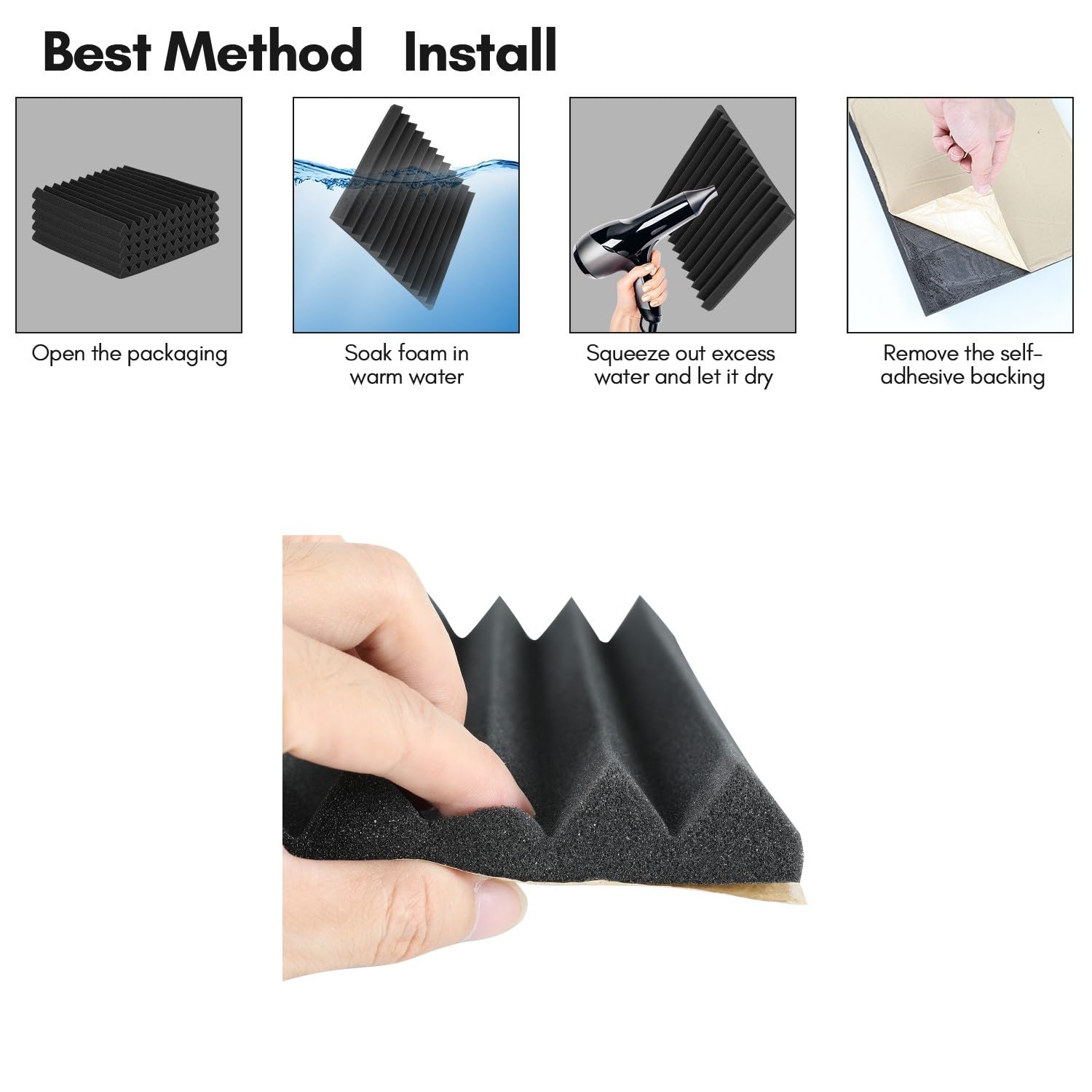 Sonnewelt Pianka akustyczna, samoprzylepna, 48 sztuk, 2,5 x 30 x 30 cm, 3D, pochłaniająca dźwięk 3D, płytki echo, redukcja izolacji akustycznej, do studia nagrań, biura, czarna klina