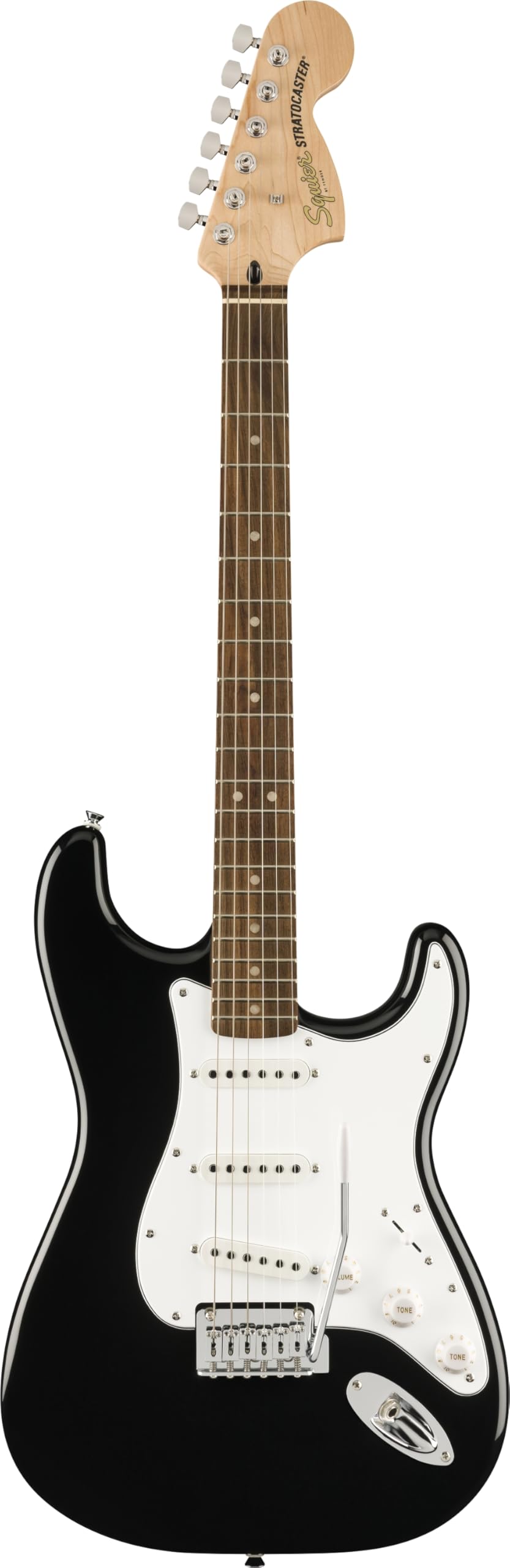Squier by Fender Affinity Series™ Stratocaster® elektrische gitaar & Mustang™ Micro Pack in zwart. Inclusief gigbag, riem, hoofdtelefoon, plectrums en een gratis abonnement van 3 maanden op Fender