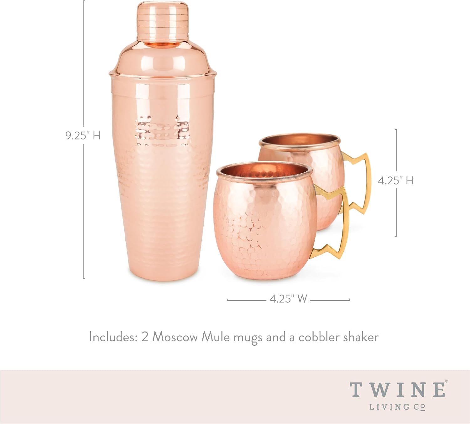 Twine Hammered Moscow Mule Mug Cocktail Set with Shaker for Mixed Drinks, Stainless Steel Kitchen Set, Barware, Set of 2, Copper