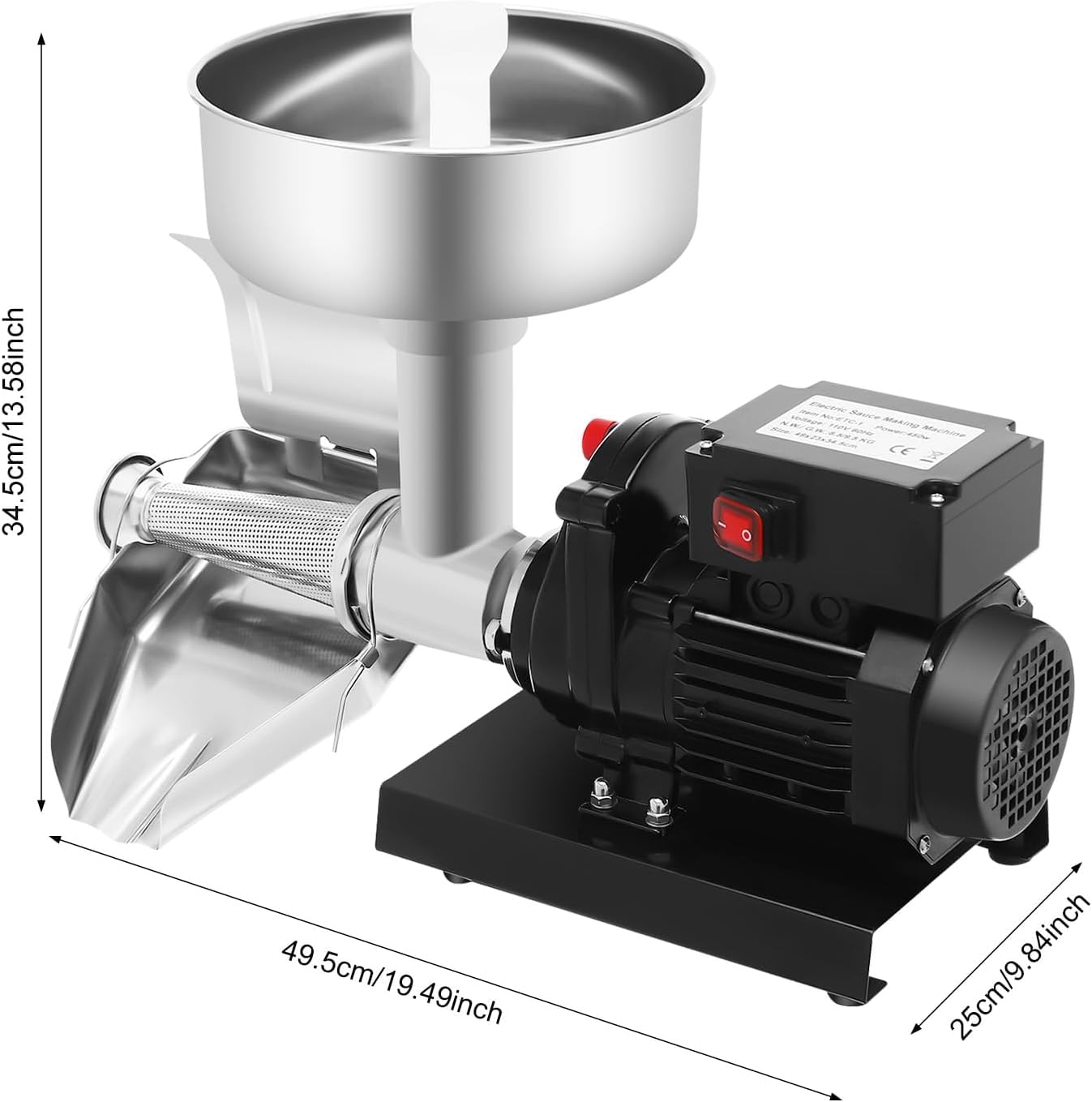 Passaverdure elettrico per pomodori da 450 W, professionale, in acciaio inox, ideale per salse, con imbuto grande e facile da pulire.