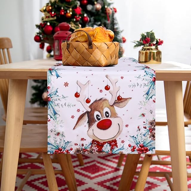 Elk Merry Christmas Table Runner, Seasonal Winter Table Runner for Table, White Table Runner for Home Party Dinner Holiday Kitchen Thanksgiving Decor, 40 x 180 cm