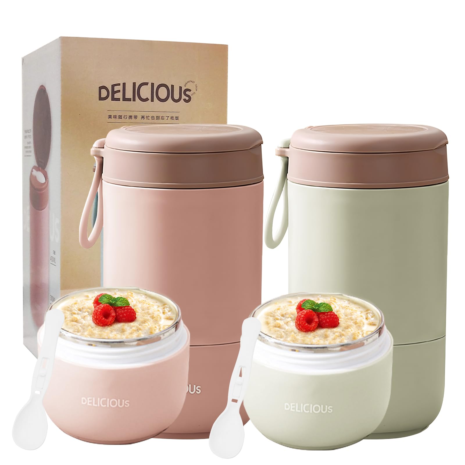 Chedin Kubek na musli To Go z pokrywką, kubek ze stali nierdzewnej, 730 ml, szczelny, z łyżką i pokrywką, dwuwarstwowe, szczelne, idealne do pracy (różowy + zielony)